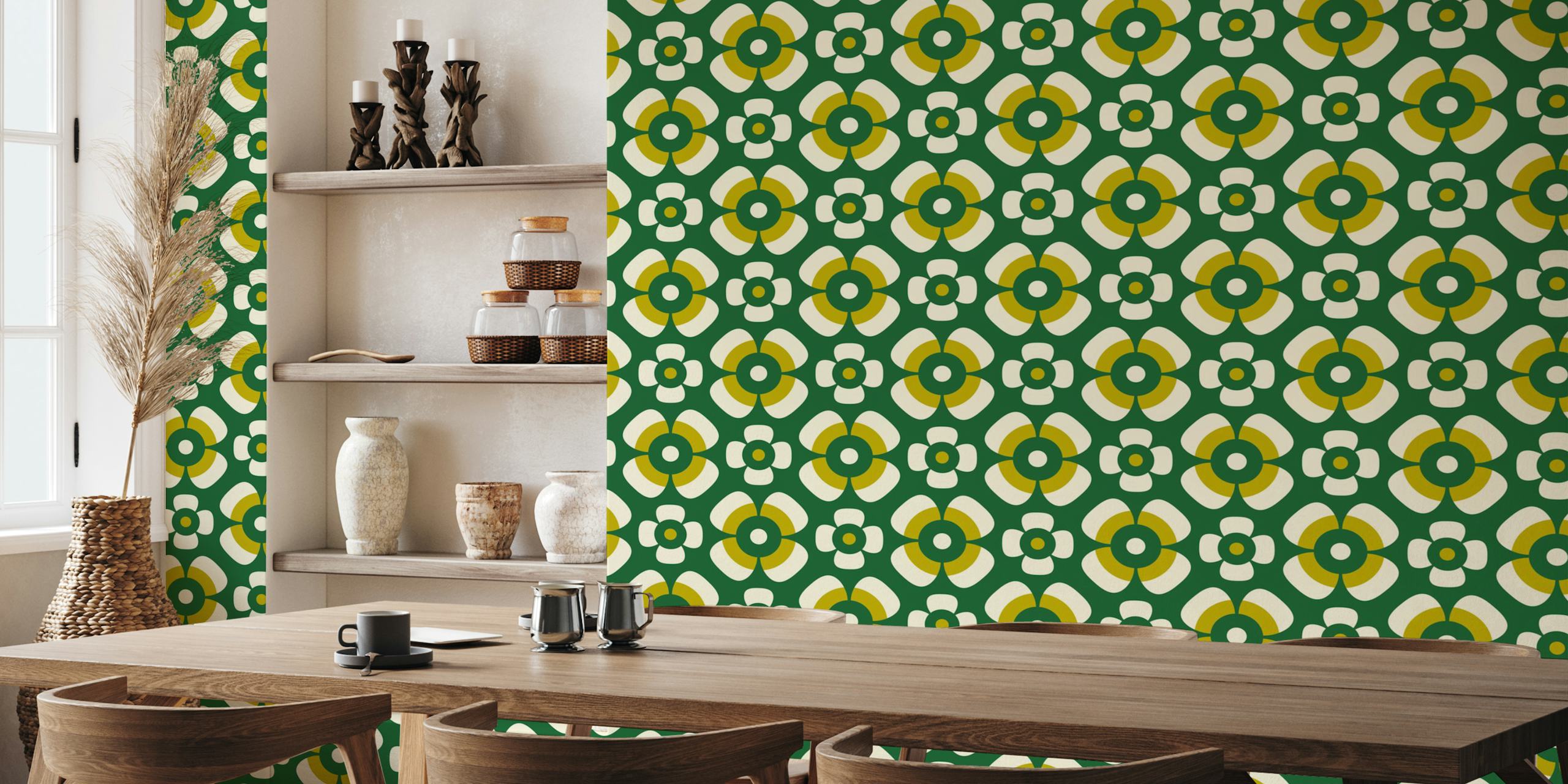 Retro daisies wallpaper design in green