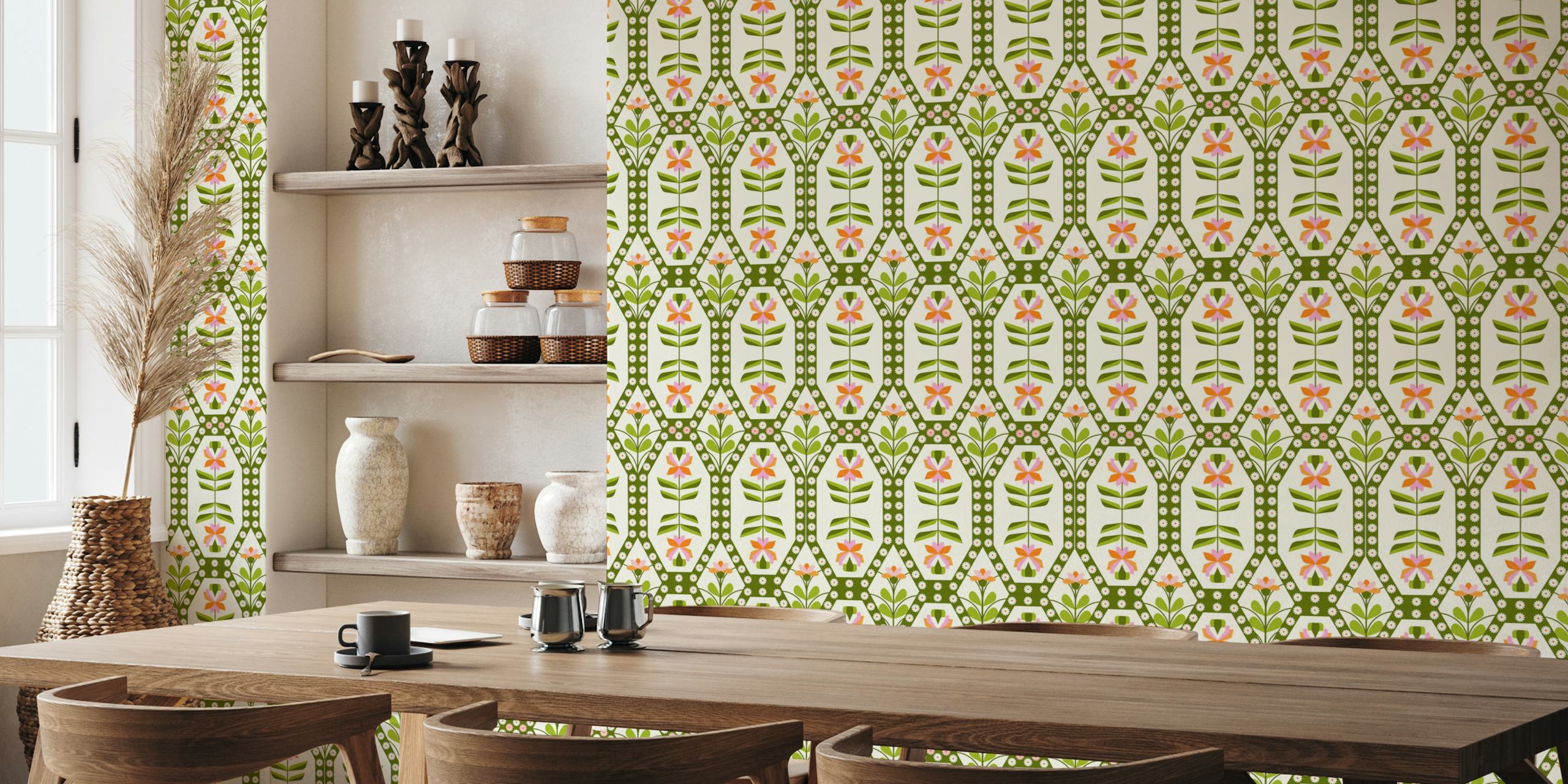 Design Floral Retro dos anos 70 Green Pink