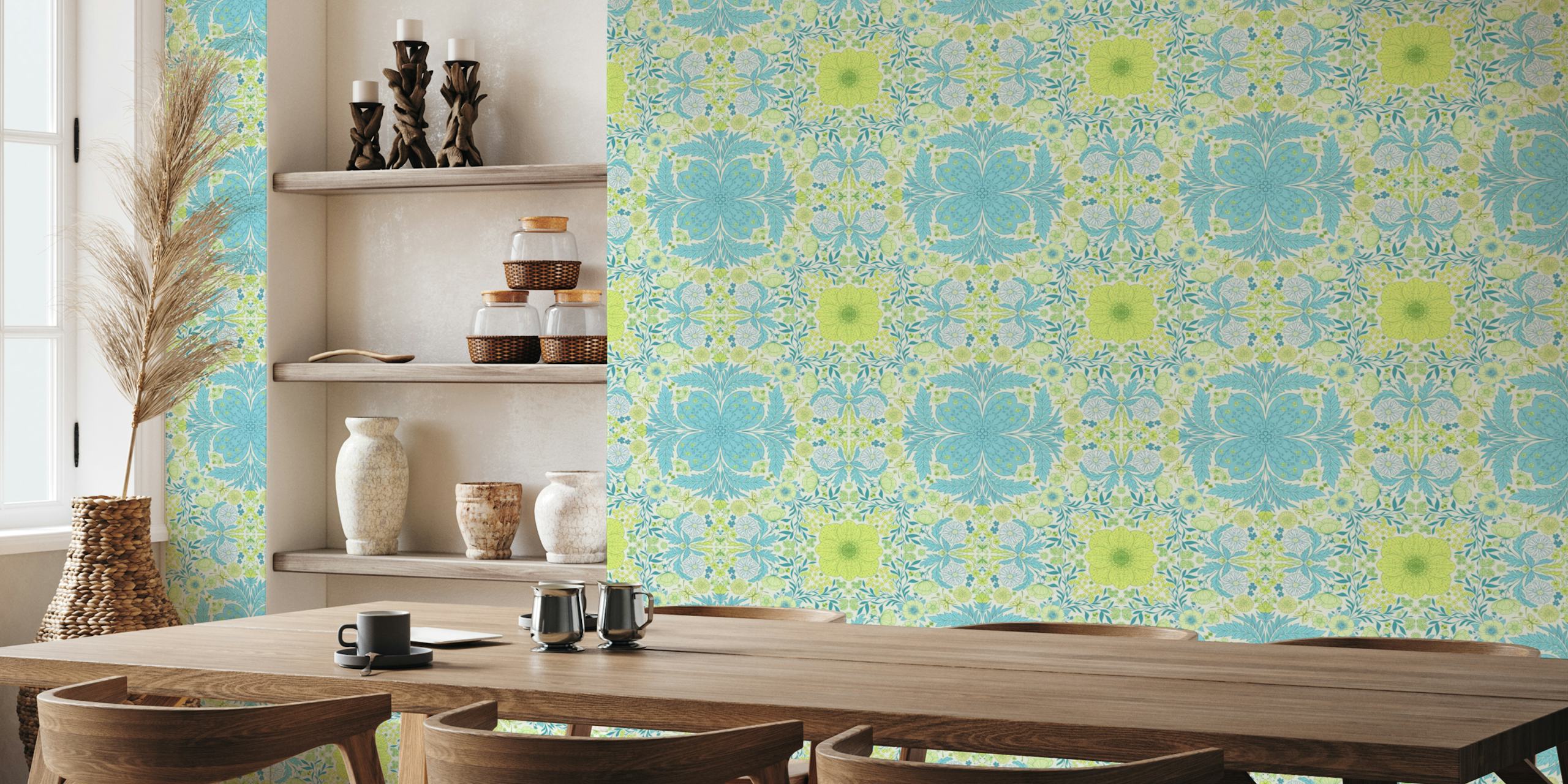 Floral retro wallpaper design in blue and yellow