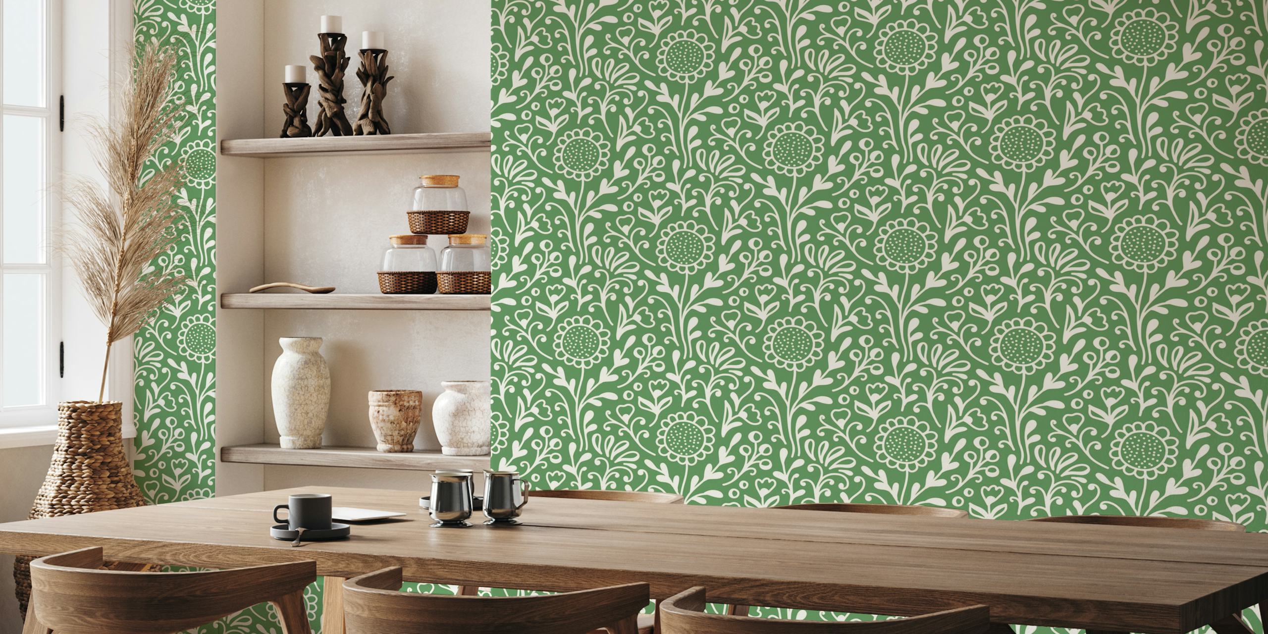 Green floral wallpaper with hand-drawn wildflowers and leaves