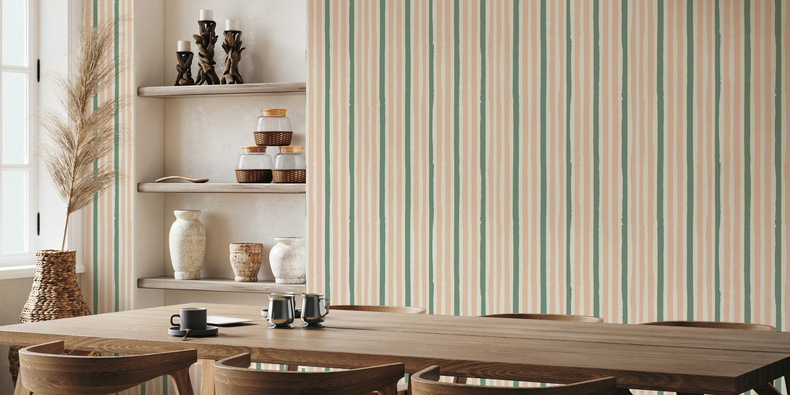 Retro stripes blush pink og fern green tapet