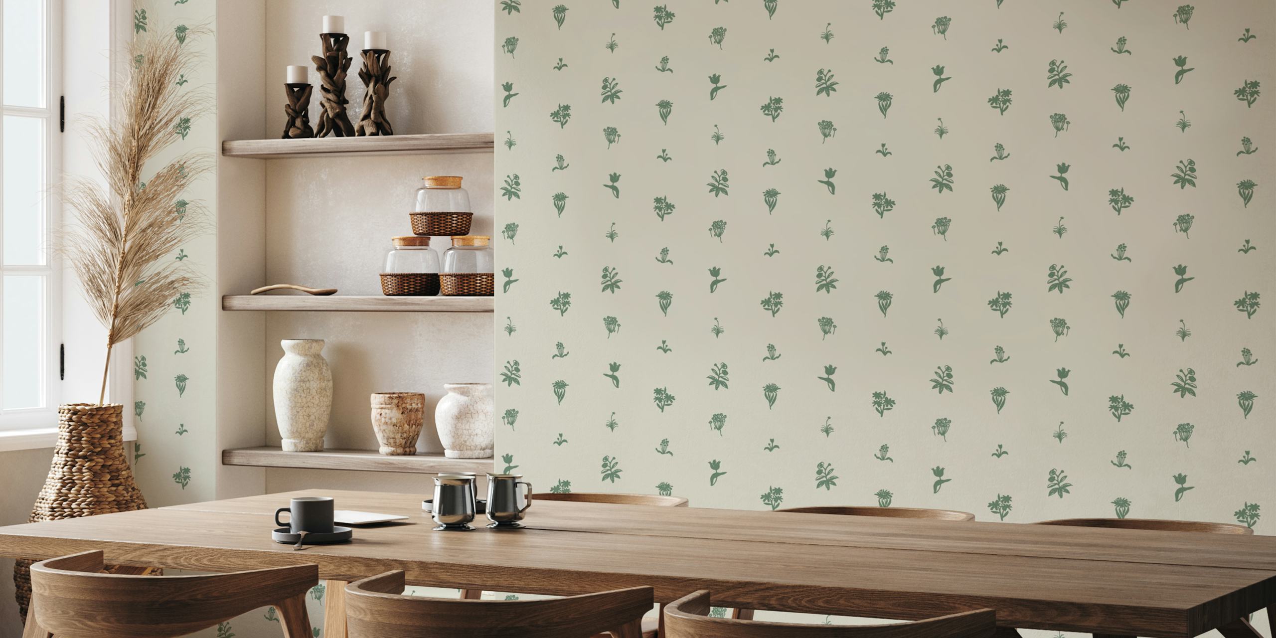 Sparse floral sage green wallpaper in a room