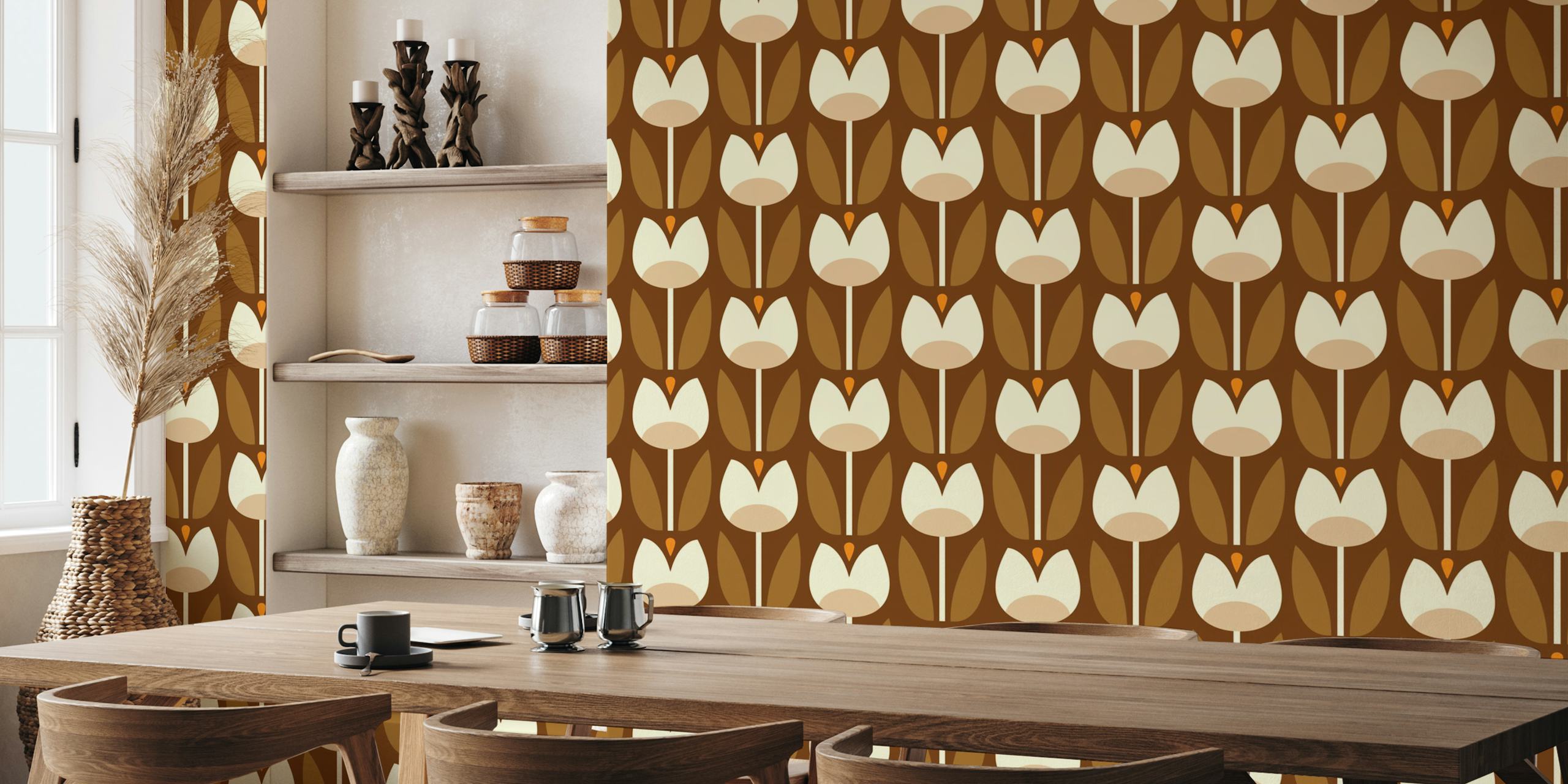Modern tulips with geometric shapes in brown, cream, and orange wallpaper