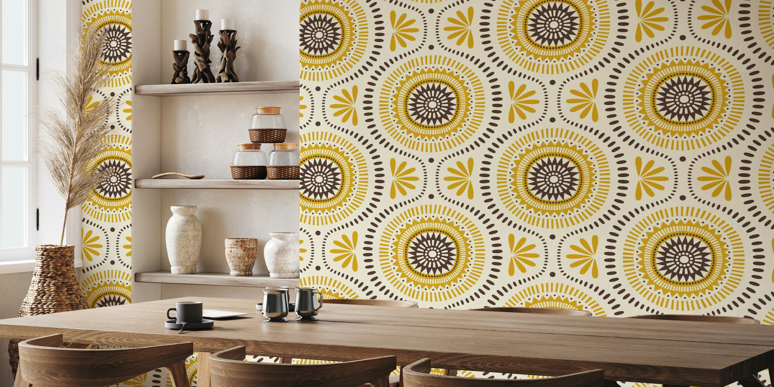 Geometric floral pattern in yellow and brown wallpaper