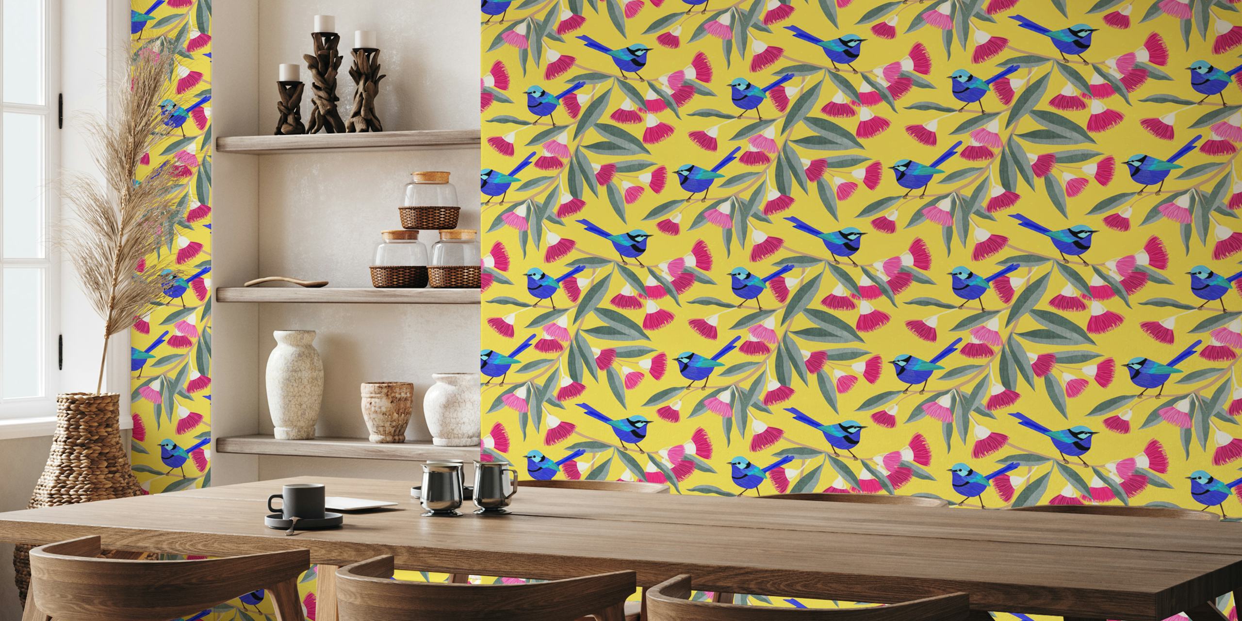 Colorful wallpaper featuring blue fairy wrens and pink eucalyptus flowers on a yellow background
