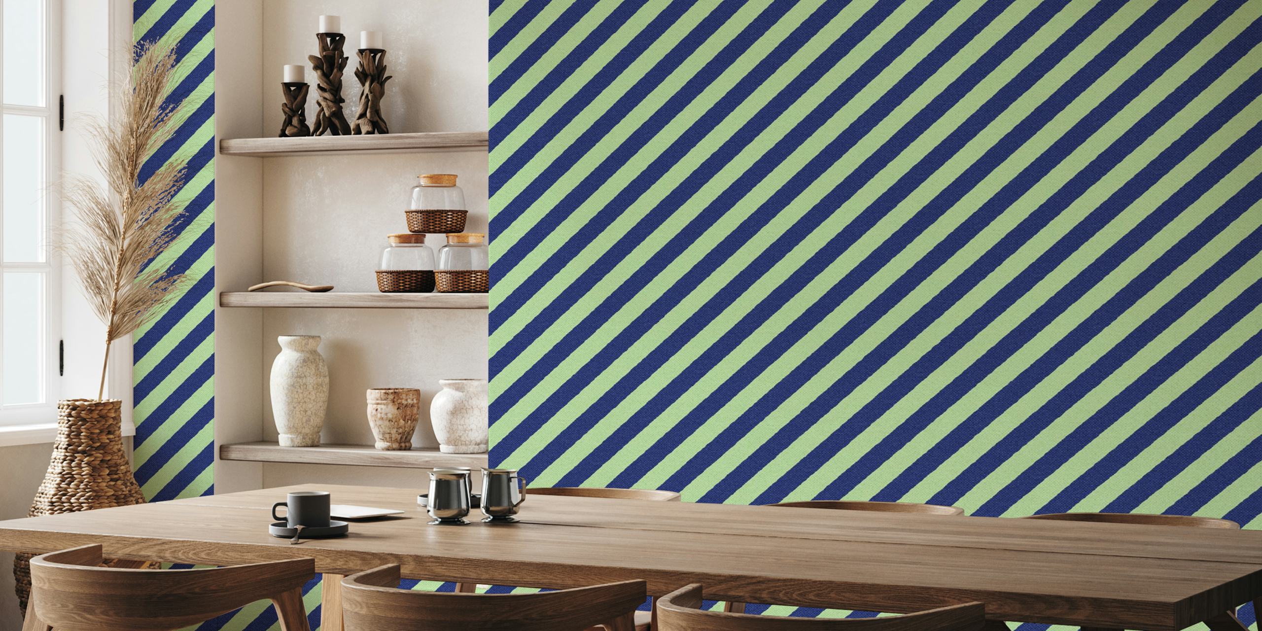 Decorazione murale con strisce blu scuro e blu su sfondo grigio