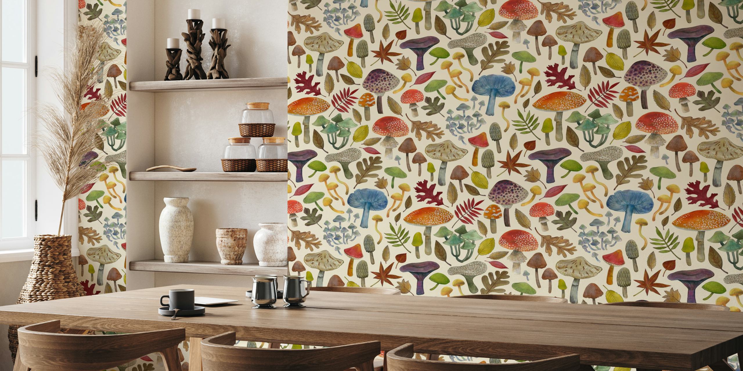 Watercolour toadstools og autumn leaves tapet