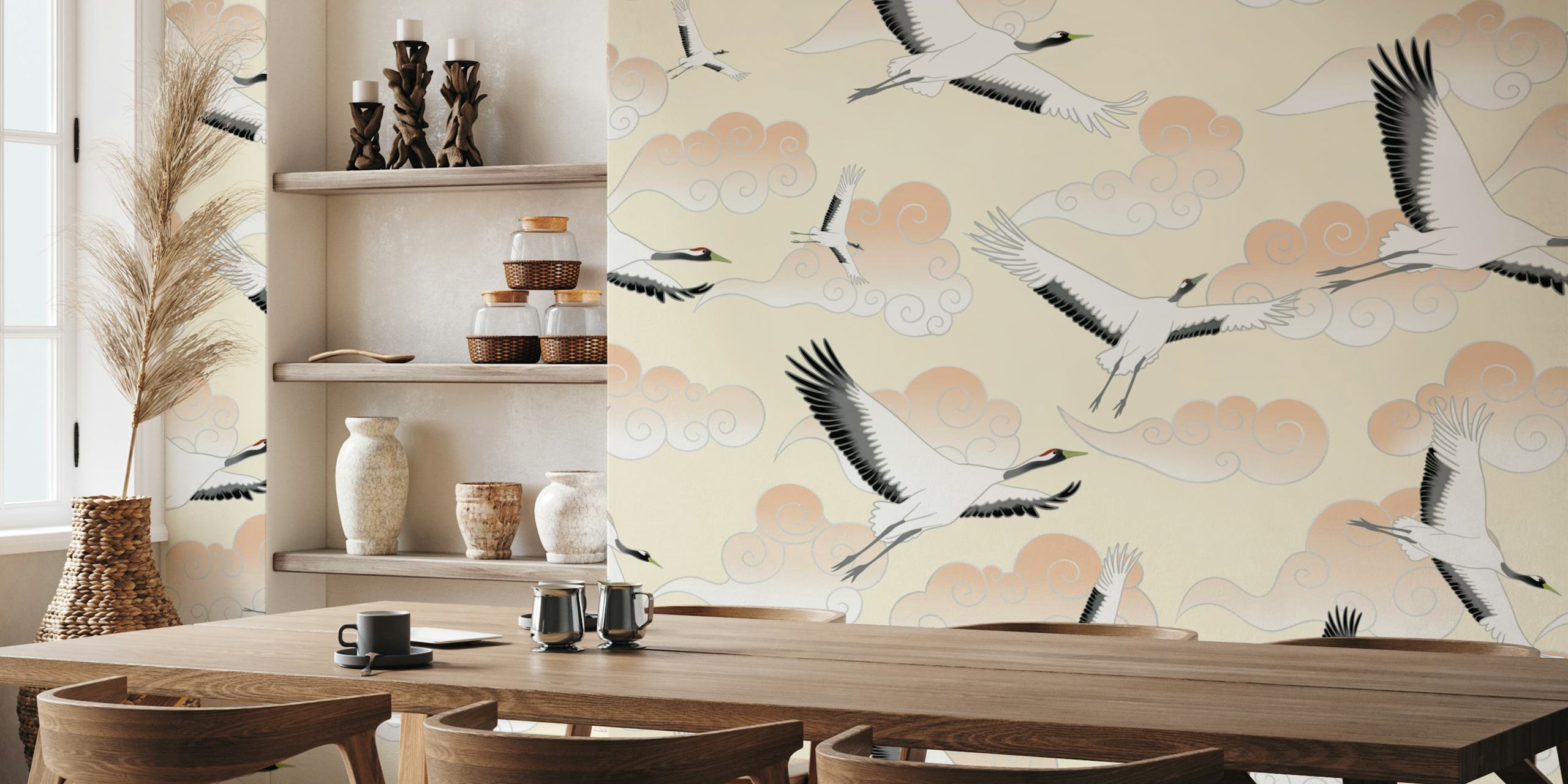 Cranes flying among clouds in soft pastel colors wallpaper