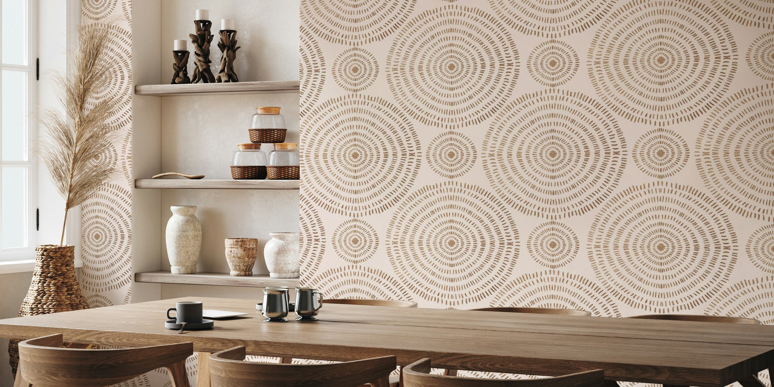 Tribal circular pattern in rose gold and beige wallpaper