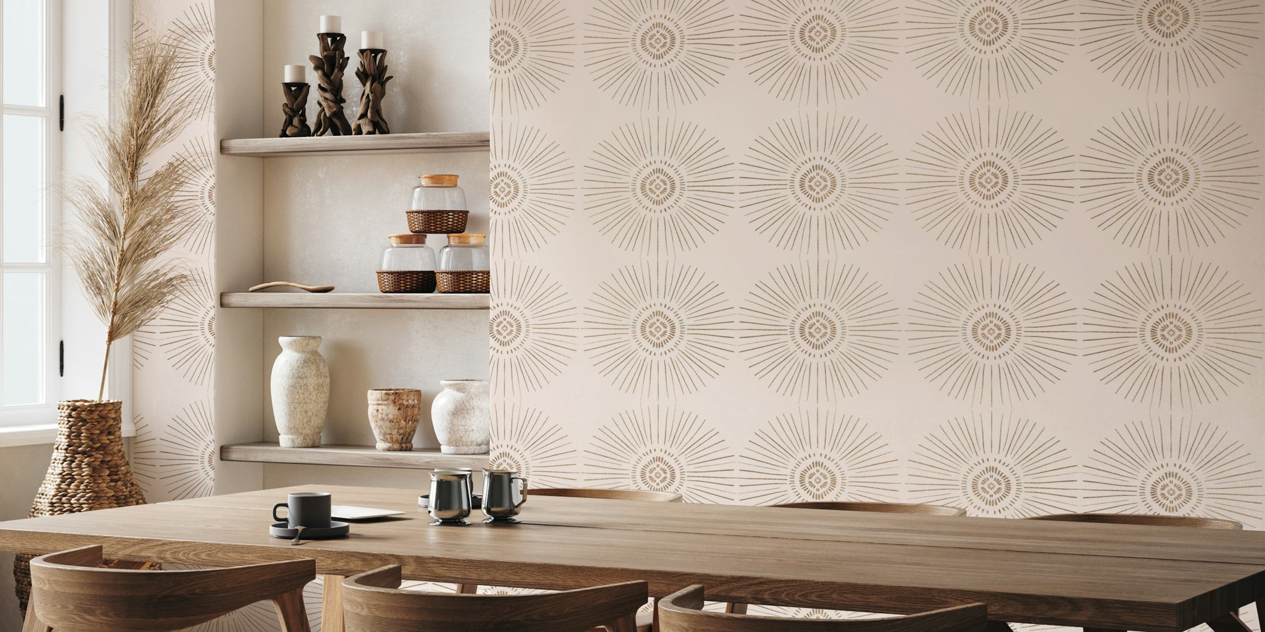 Rose gold tribal sun pattern on soft beige background wallpaper