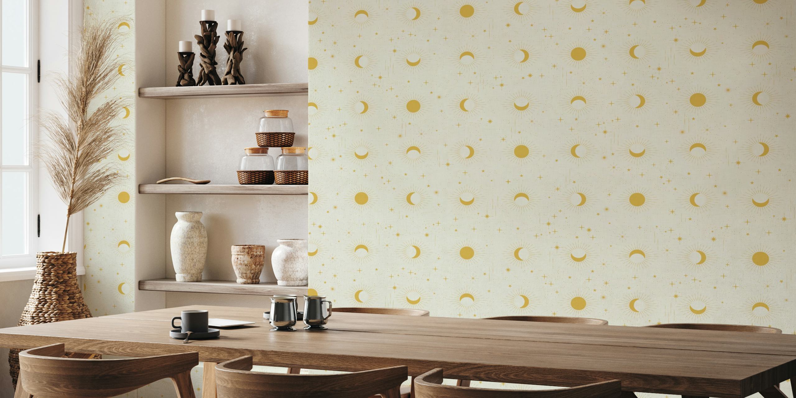 Vintage Moon Phases gold yellow cream wallpaper