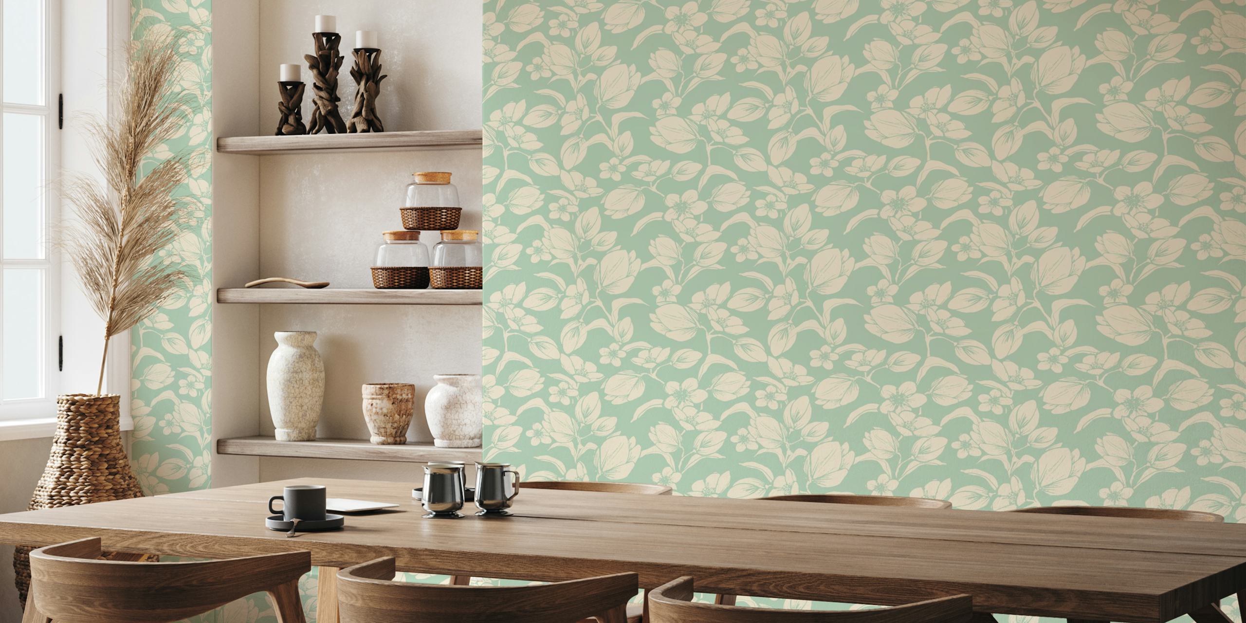 Mint floral wallpaper with magnolias and smaller flowers, elegant design
