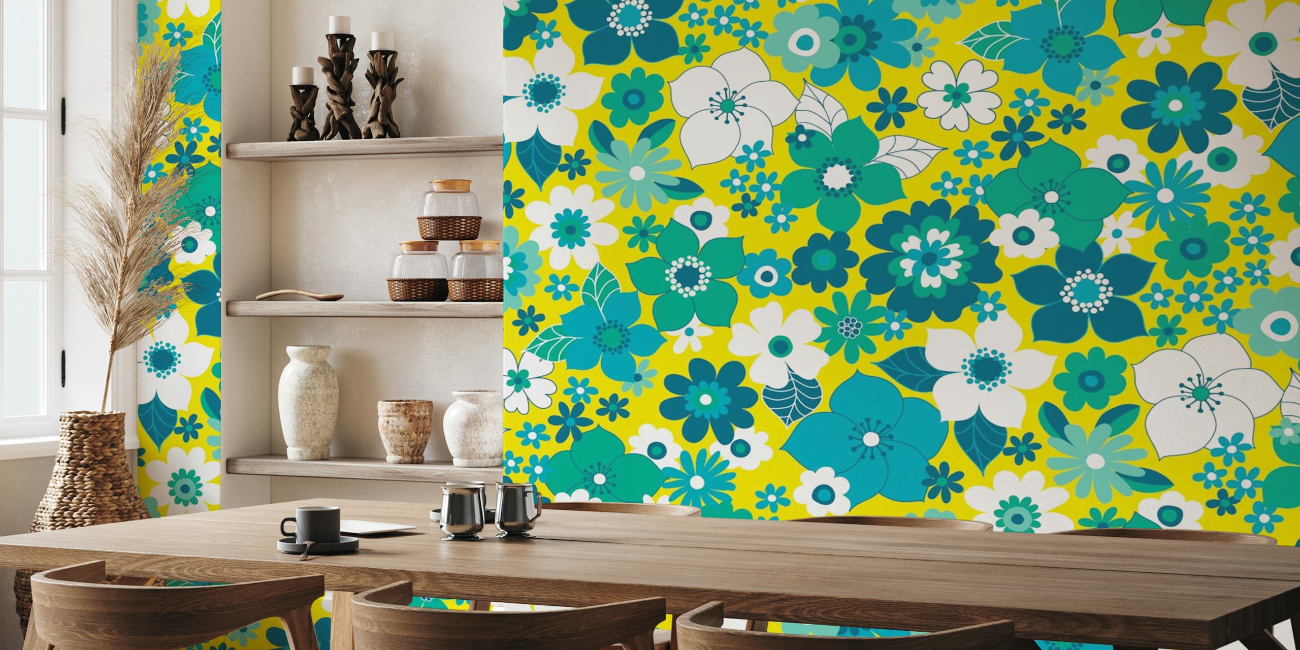 Teal, turquoise, and white floral patterns on yellow wallpaper