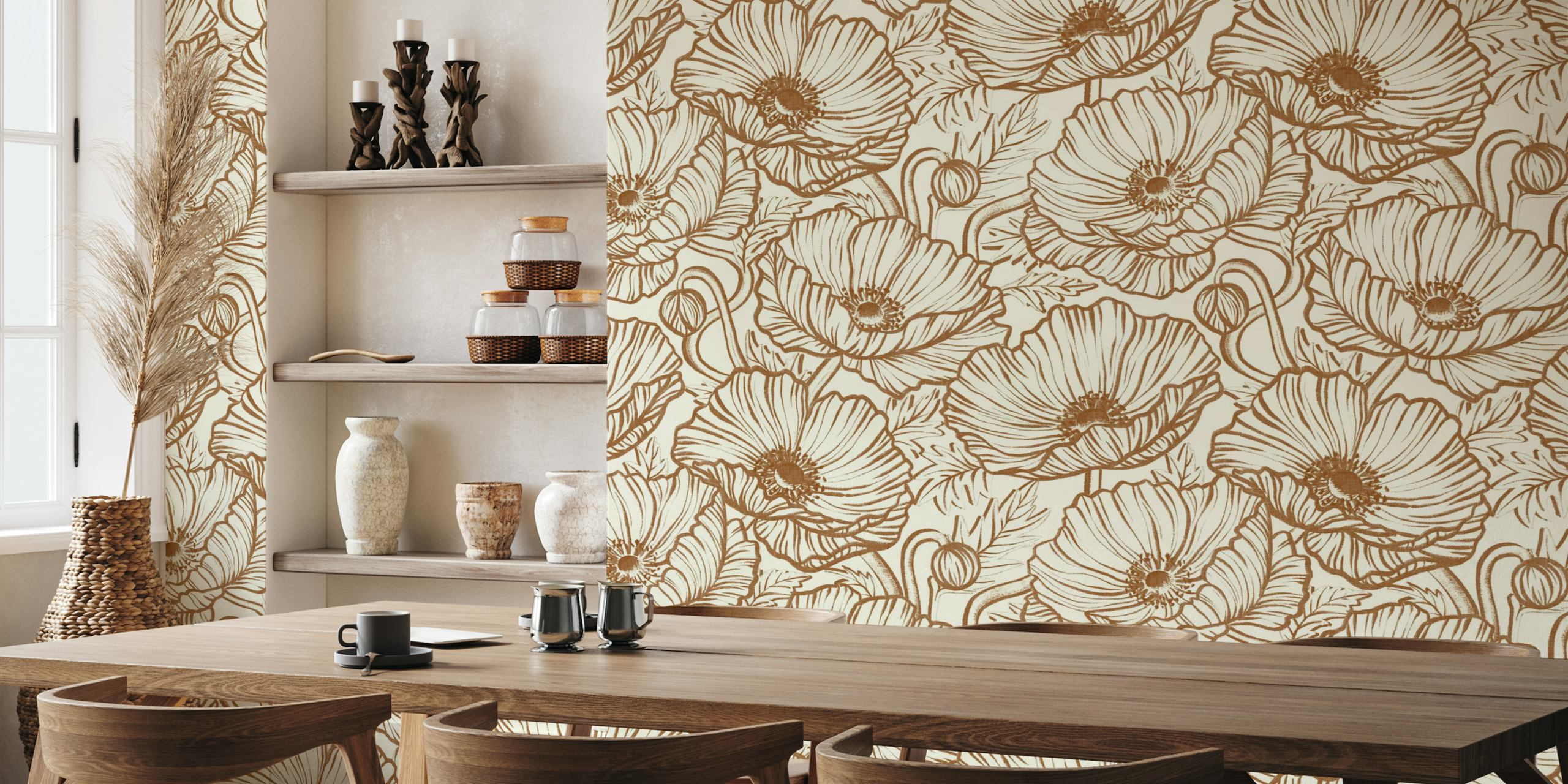 Cinnamon and cream poppy floral wallpaper design