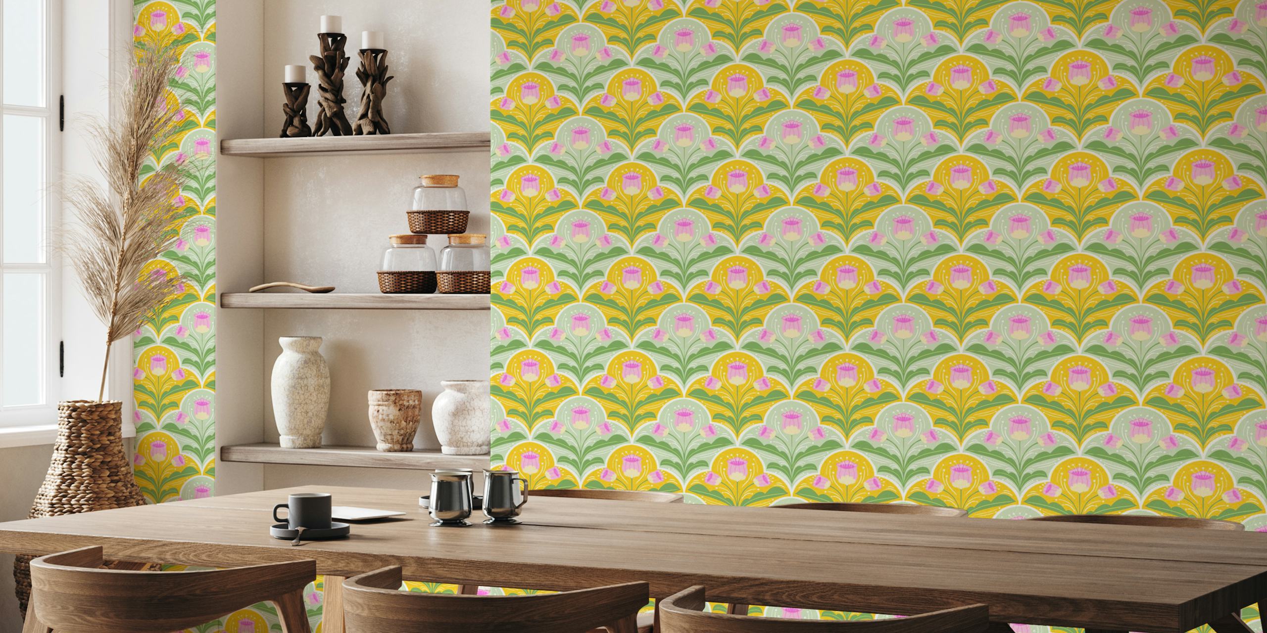 Colorful retro floral pattern featuring pink flowers and green leaves on a yellow background wallpaper