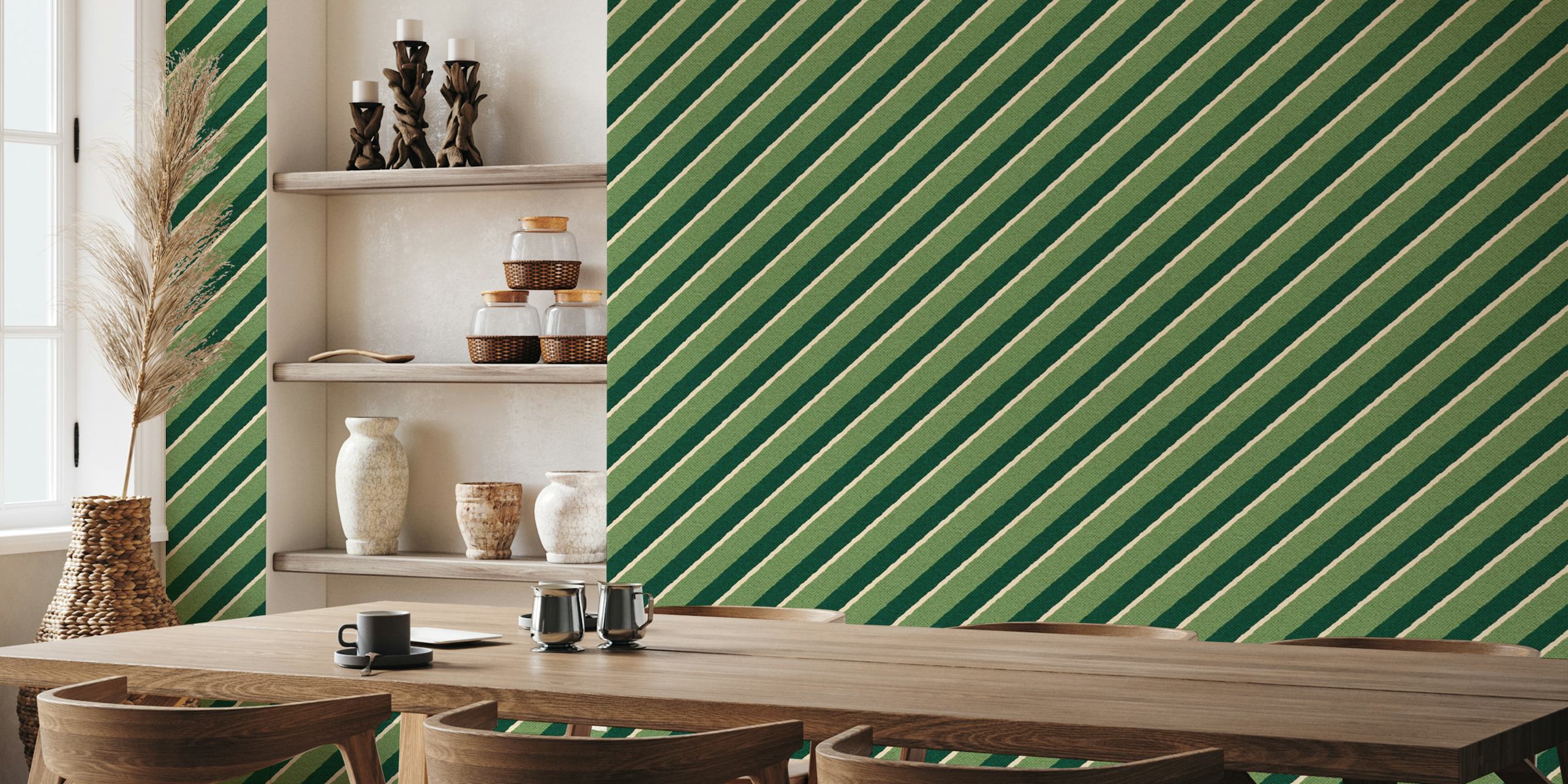 Green and beige diagonal stripes wallpaper