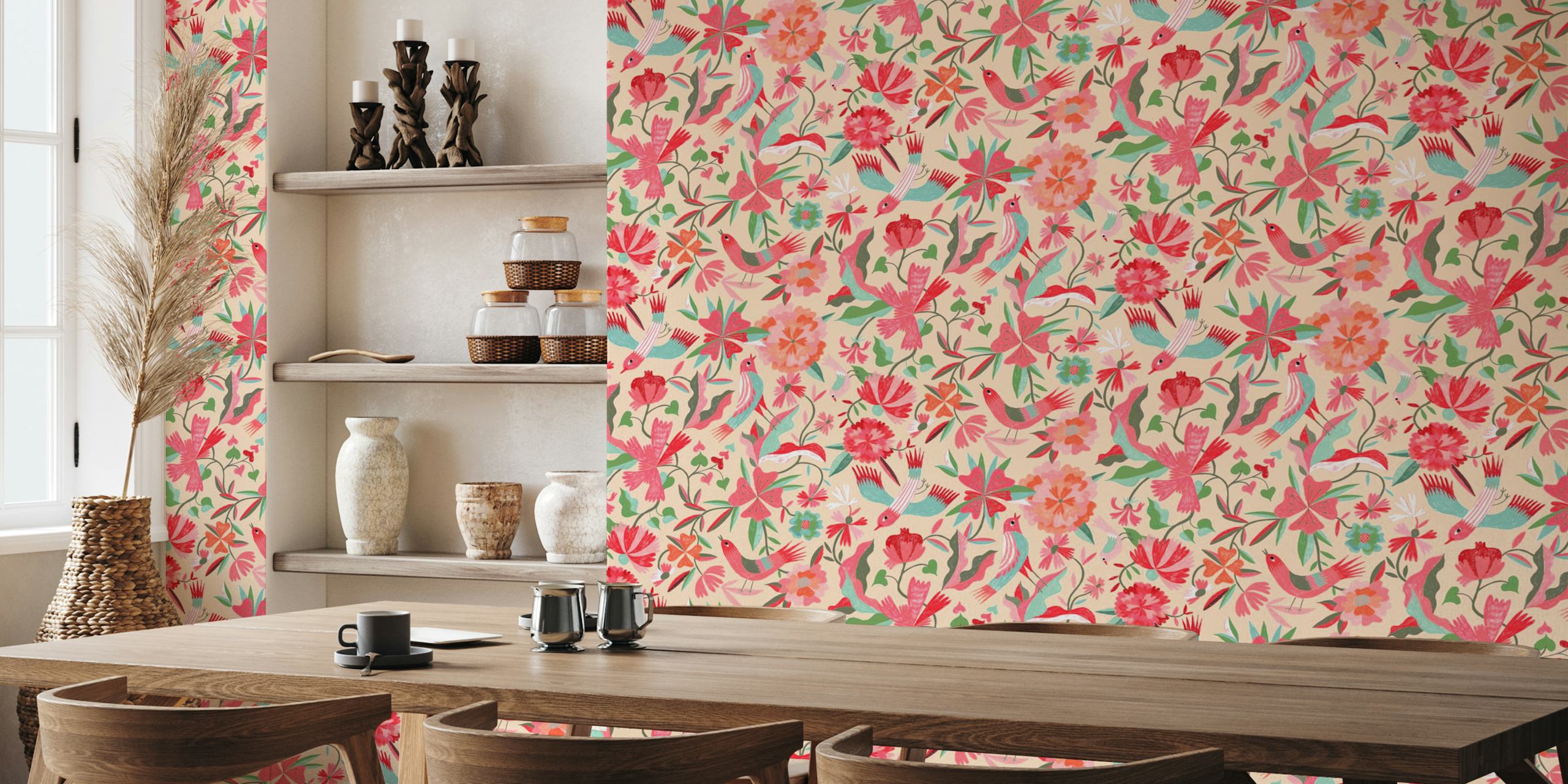 Floral bird pattern with pink and green colors on cream background wallpaper