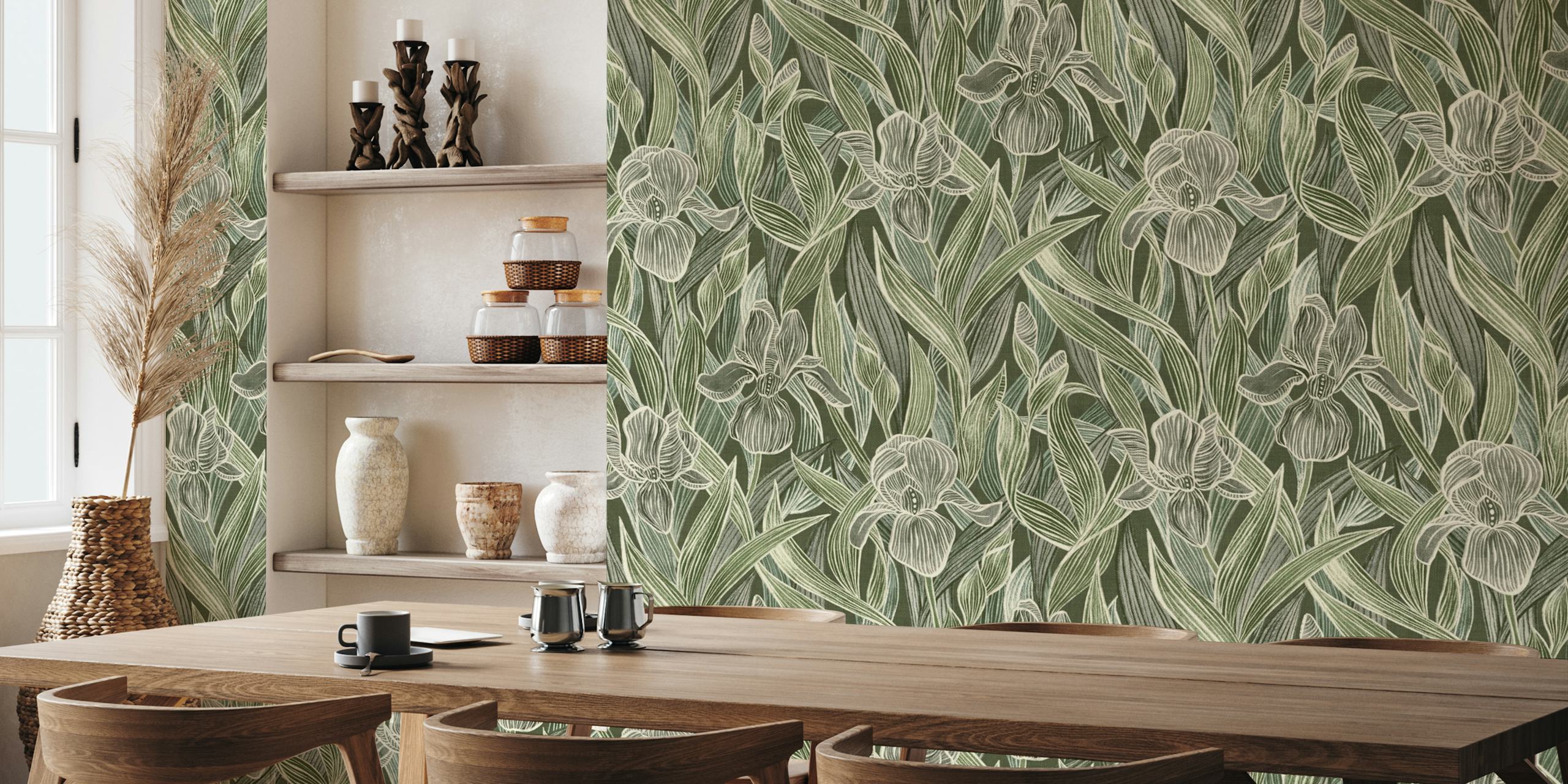 Elegant Irises in Monochrome Olive Green papel pintado