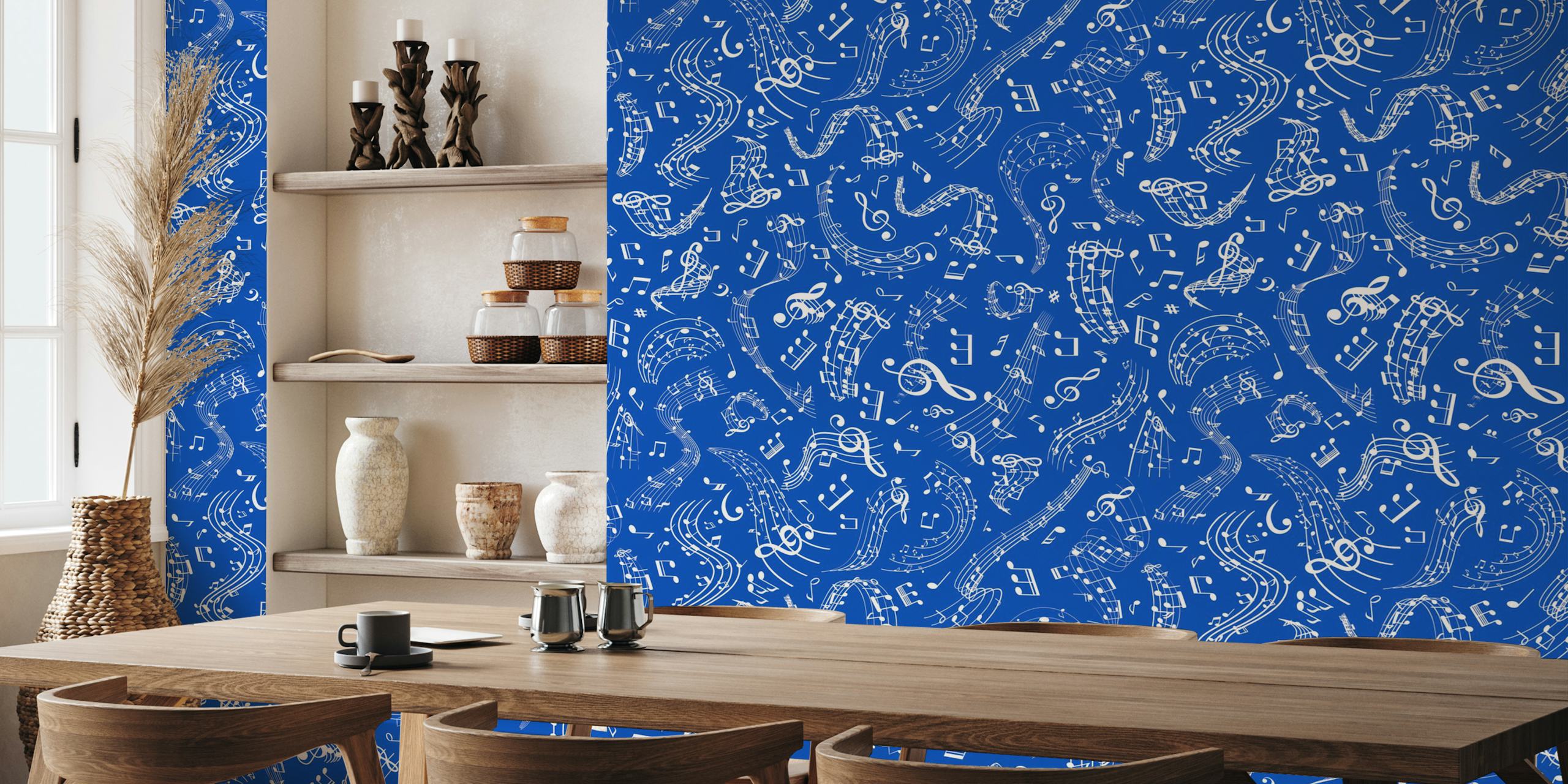 Cobalt blue wall mural with white music notes and symbols pattern