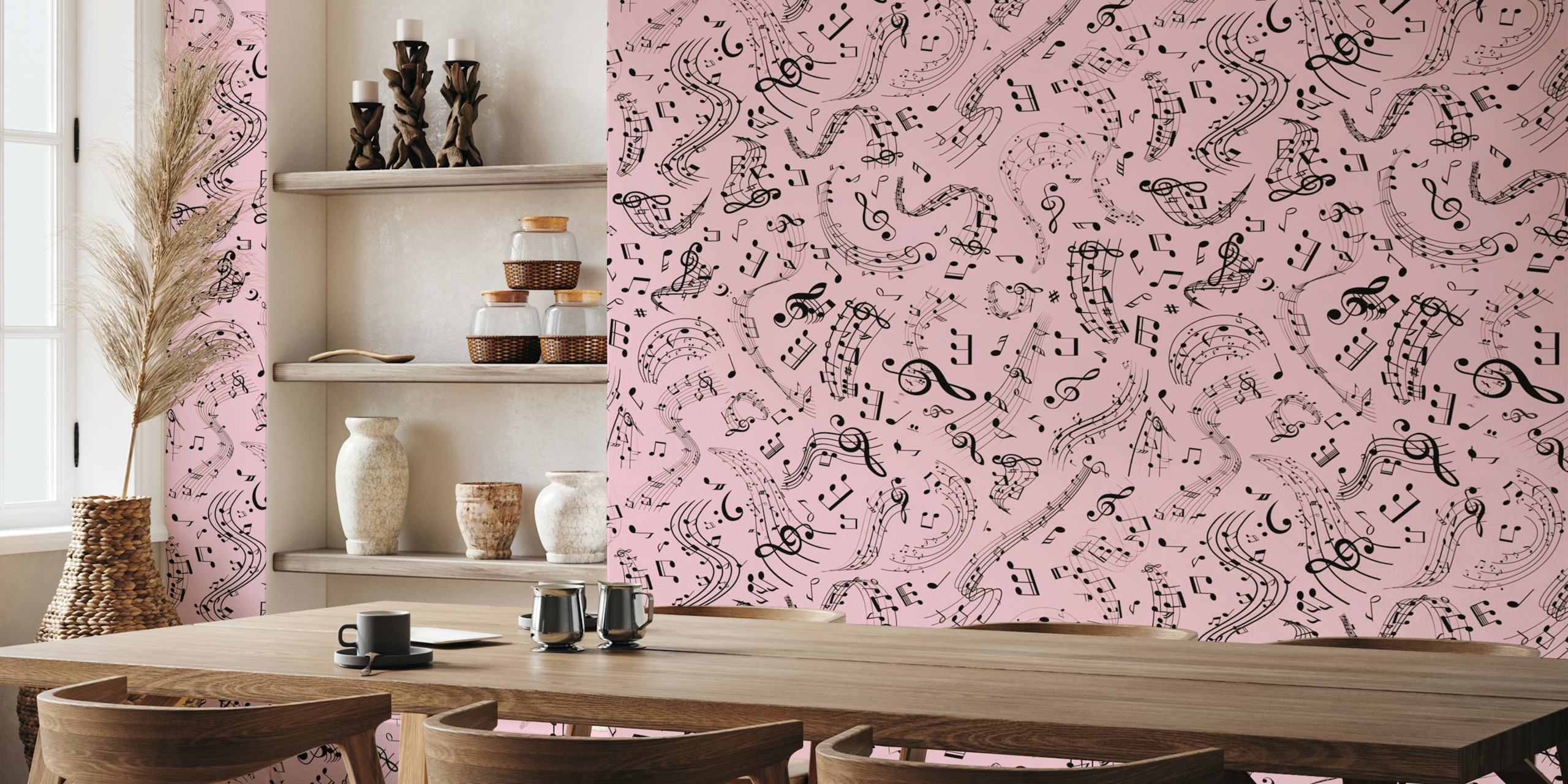Music notes wallpaper in a pink room