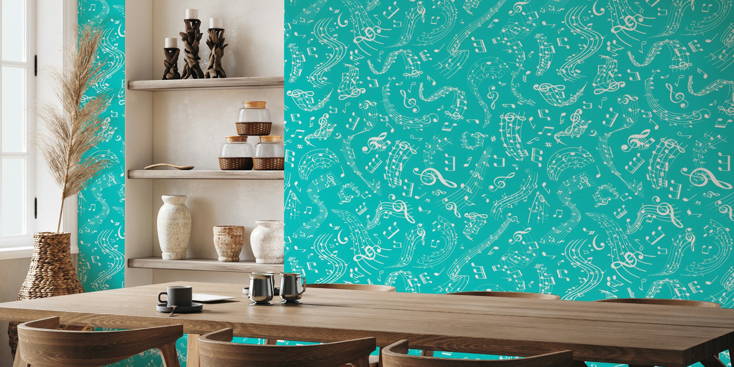 Teal wallpaper with white musical notes and clefs swirling patterns.