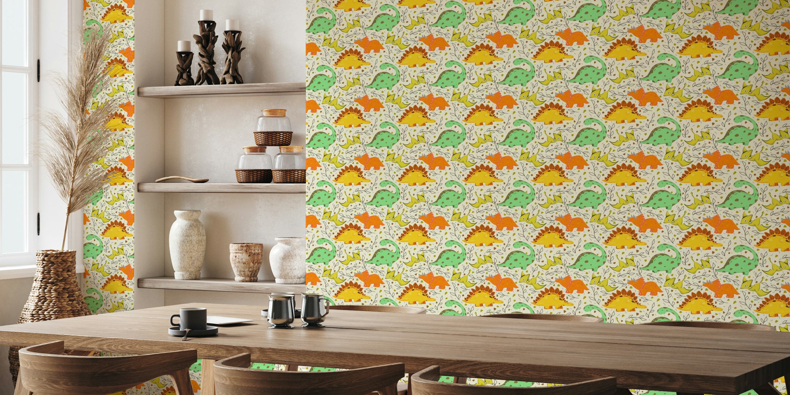Colorful cartoon dinosaurs in green, orange, yellow, and beige wallpaper