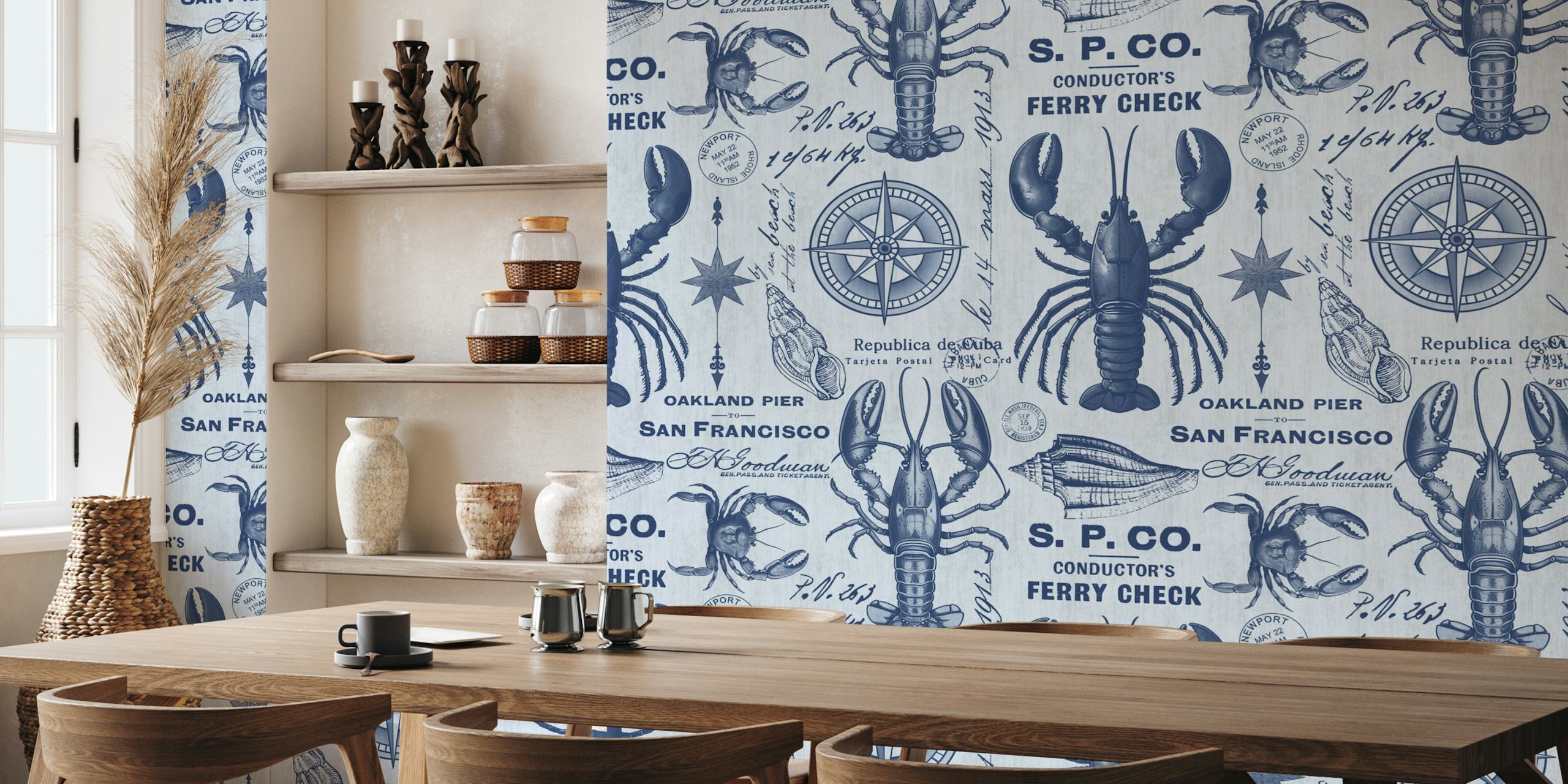 Nautisk tapet visad i ett rum