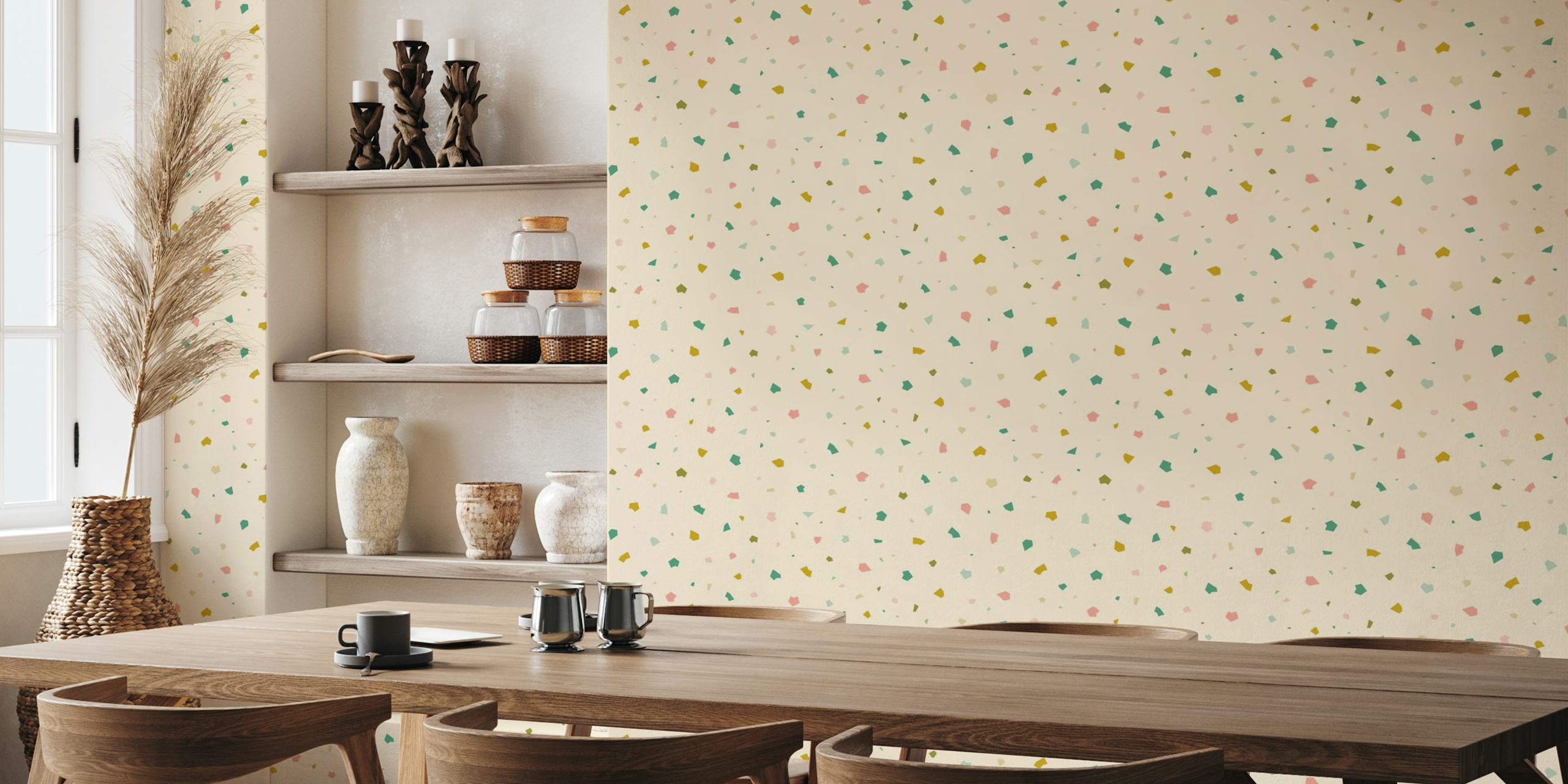 Colorful terrazzo pattern in teal, pink, and gold wallpaper