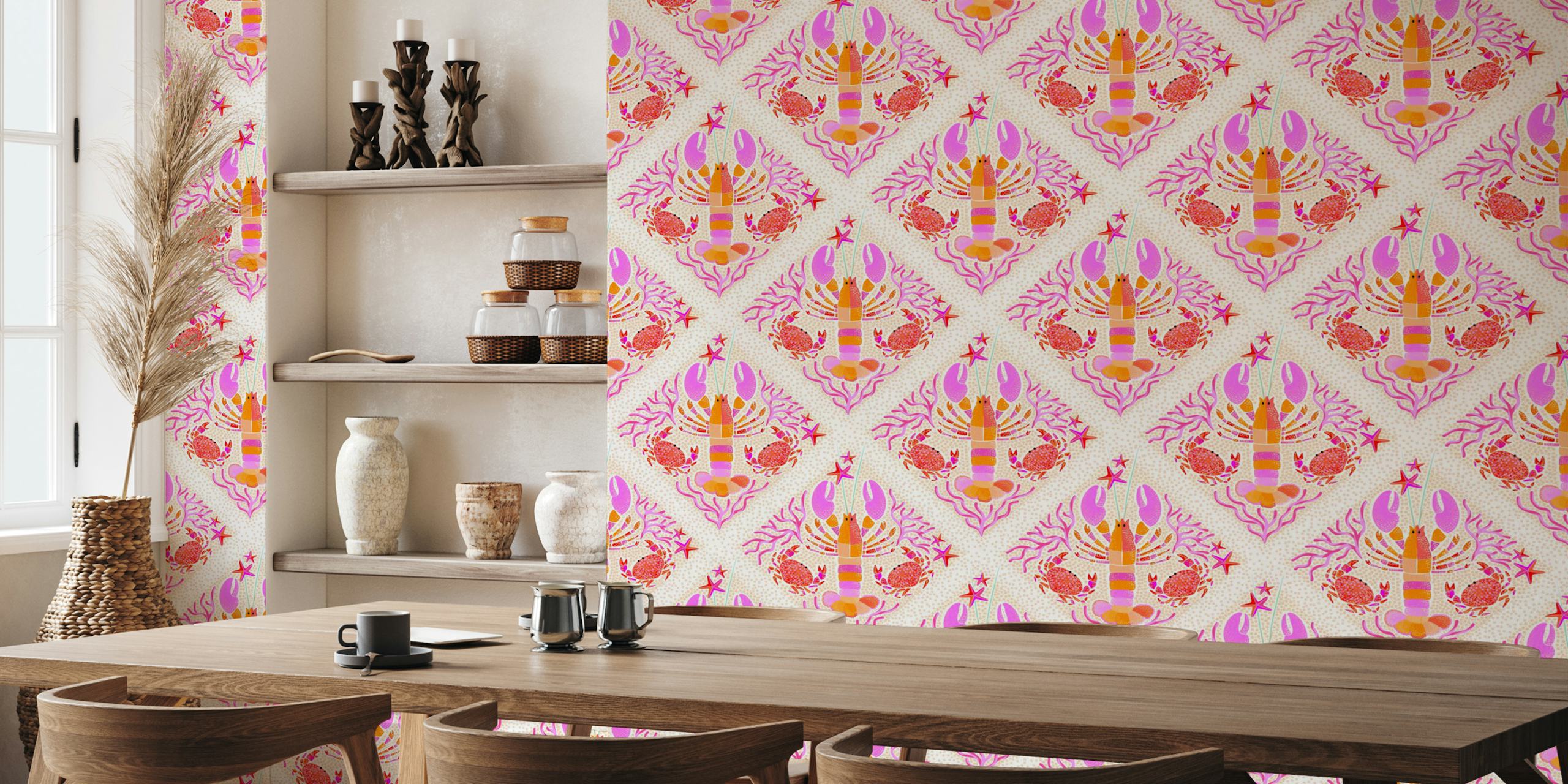 Boho lobsters and crabs wallpaper in a room