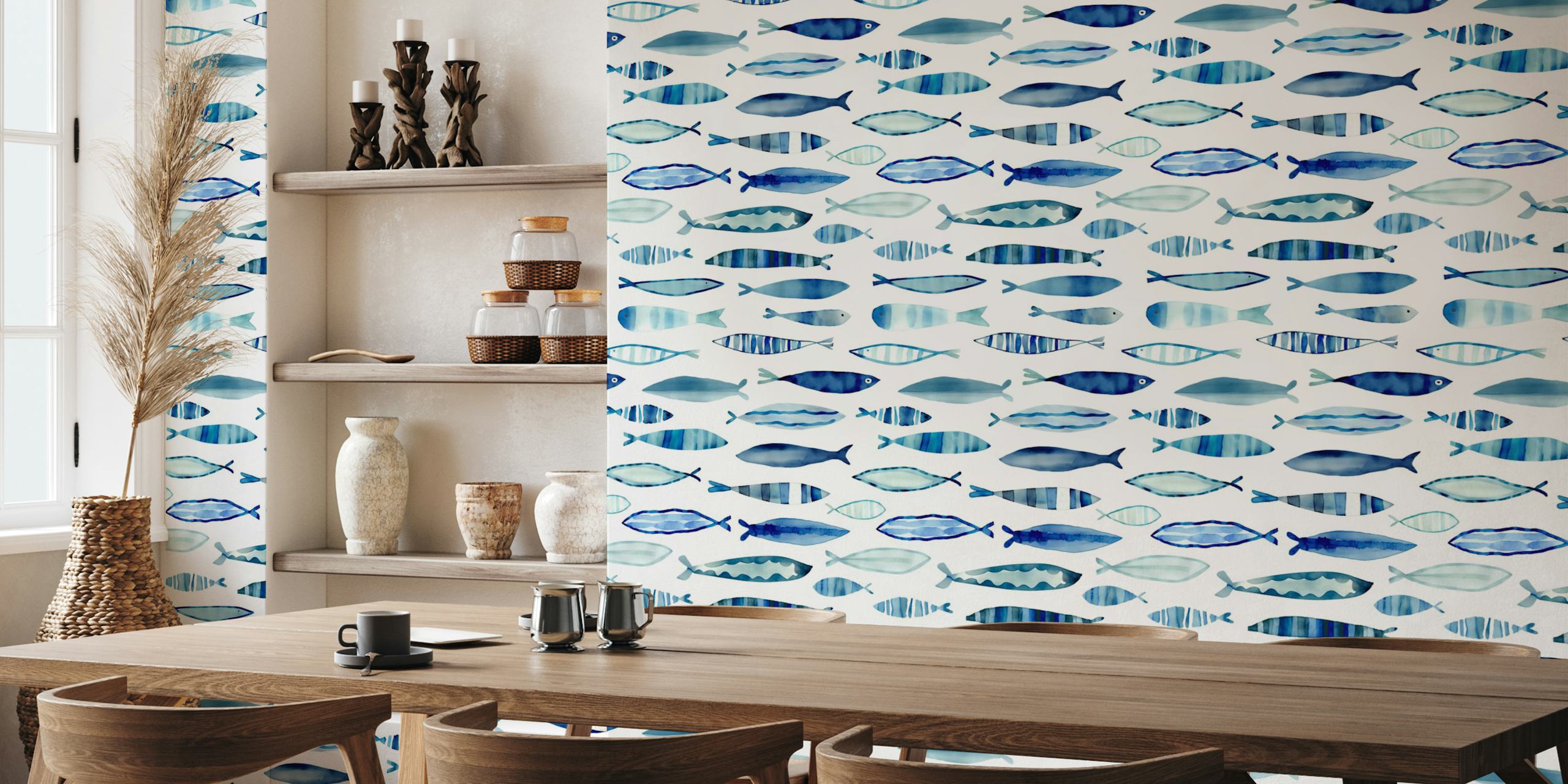 Watercolor fish design wallpaper in a room