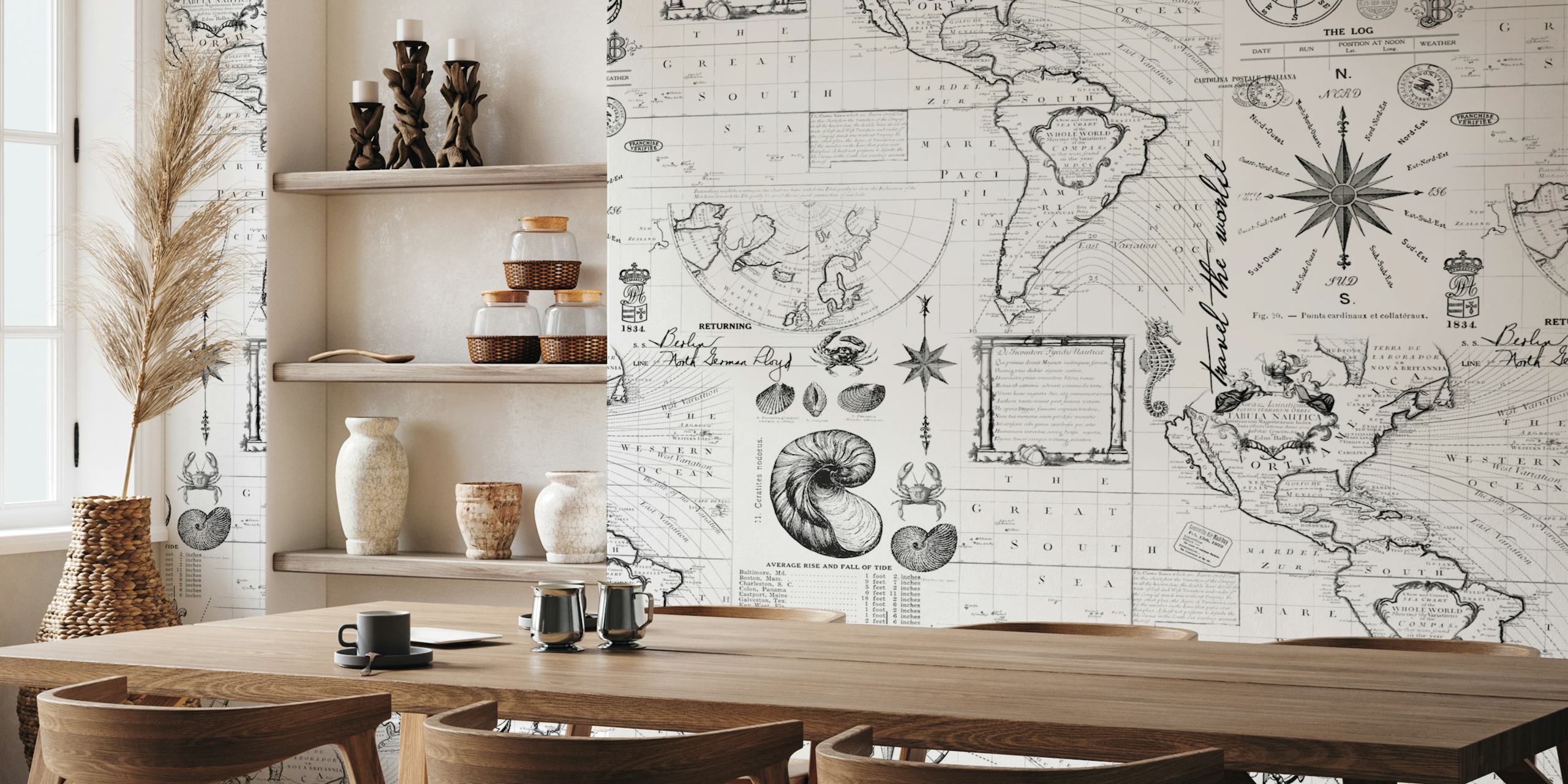 Nautical-themed wallpaper with vintage maps, compass, and ocean motifs in black and white