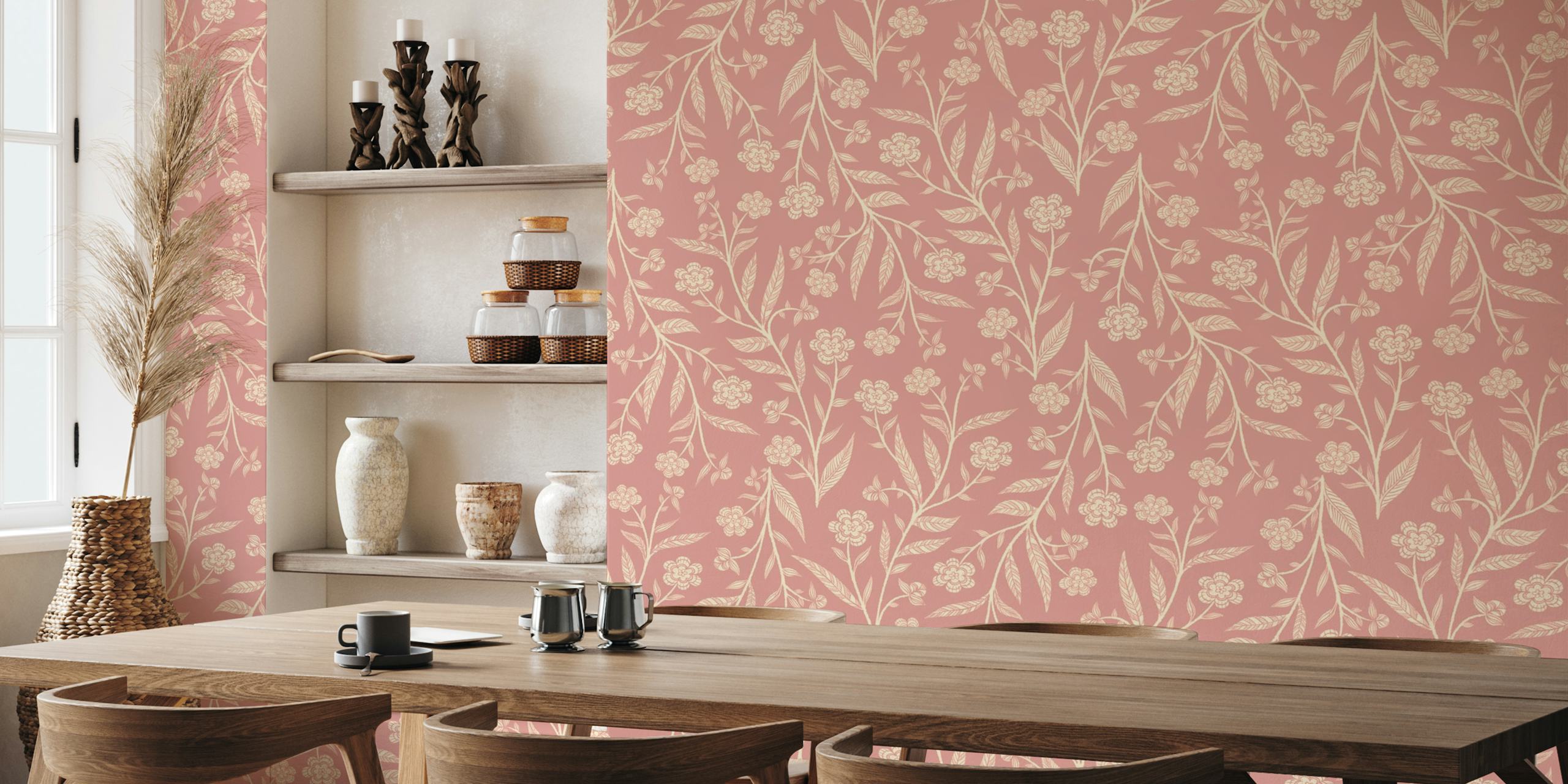 Dusky pink floral pattern with cream flowers and leaves wallpaper