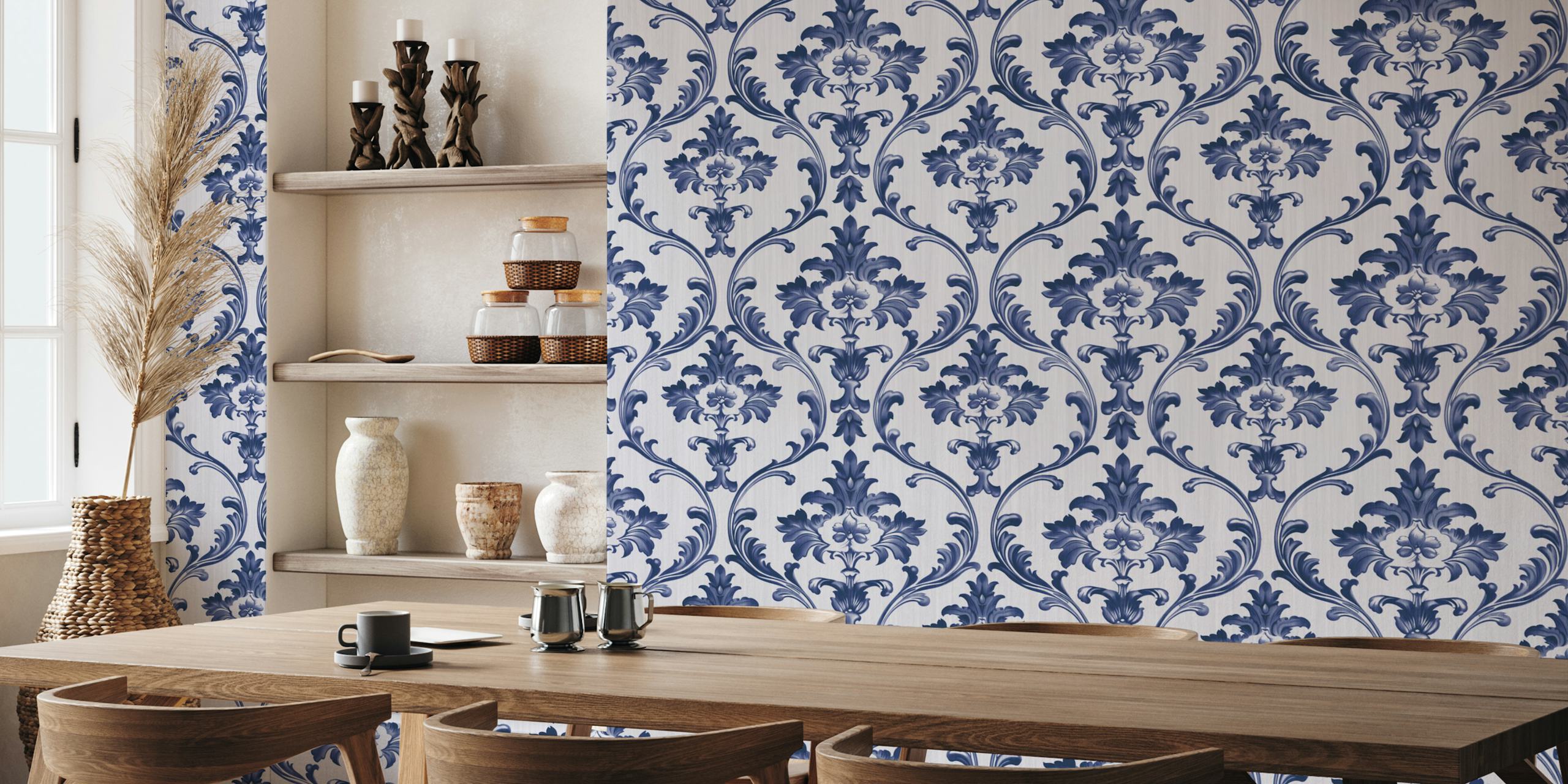 Delft blue floral damask pattern wallpaper with intricate designs