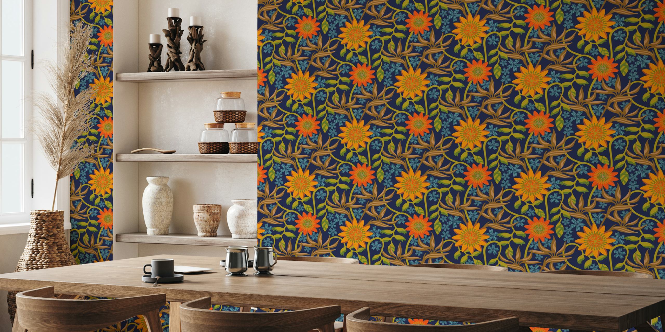 Tropisches Blumen-Wandbild mit orangefarbenen Blüten und grünen Blättern auf marineblauem Hintergrund
