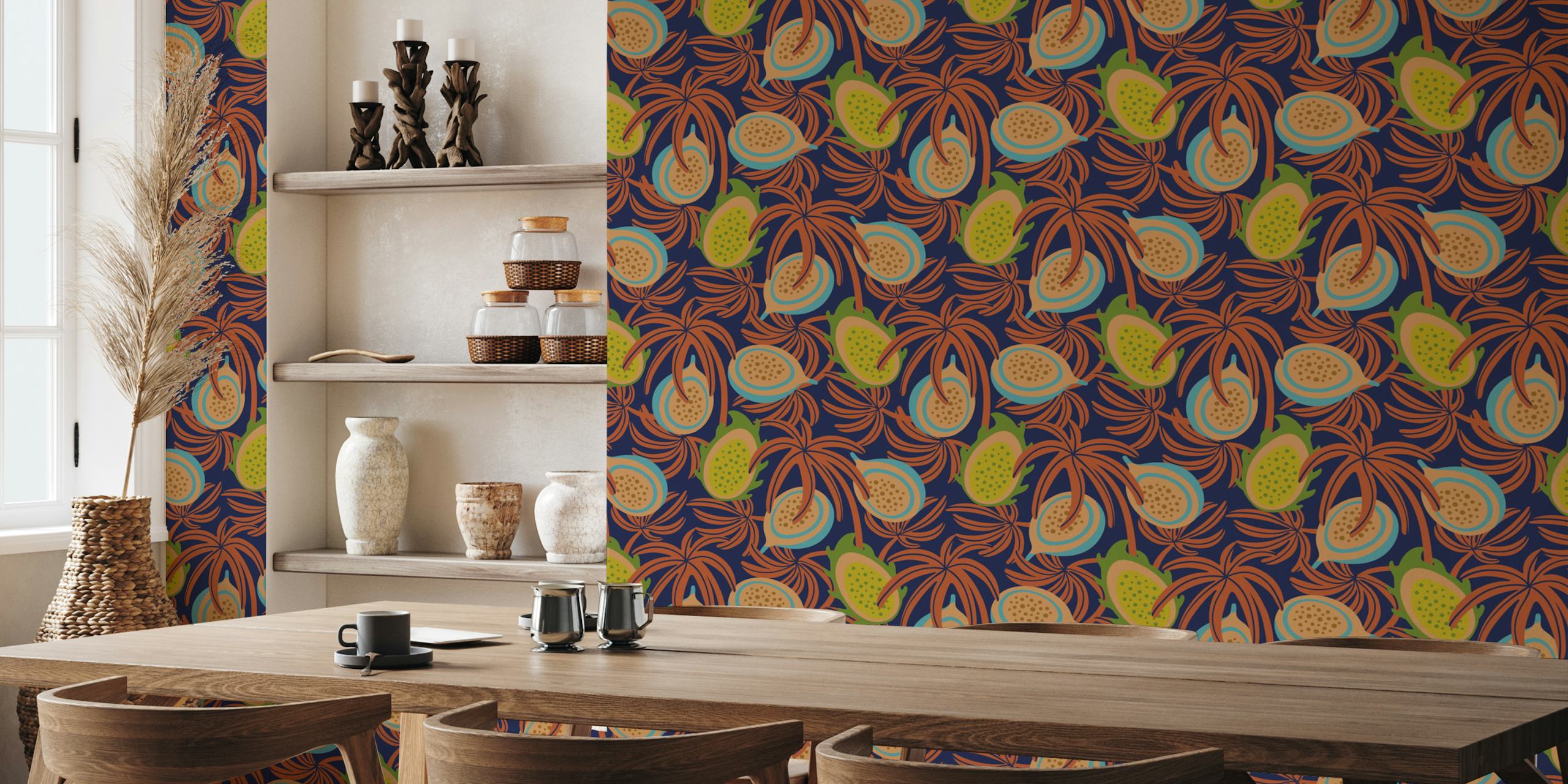 Lilikoi and dragonfruit pattern in vibrant colors on dark background wallpaper