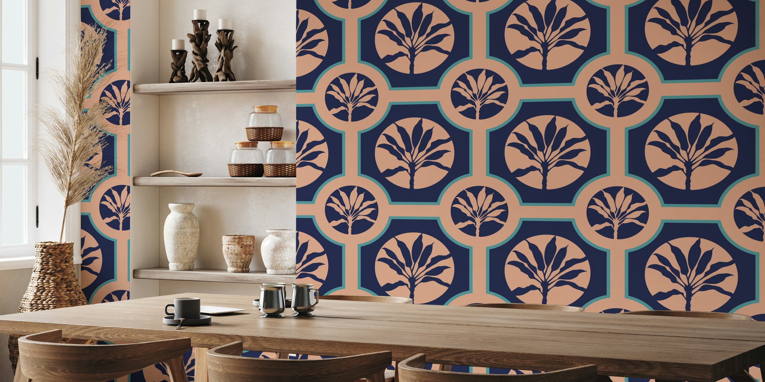Dark blue tropical plant design with circular motifs wallpaper
