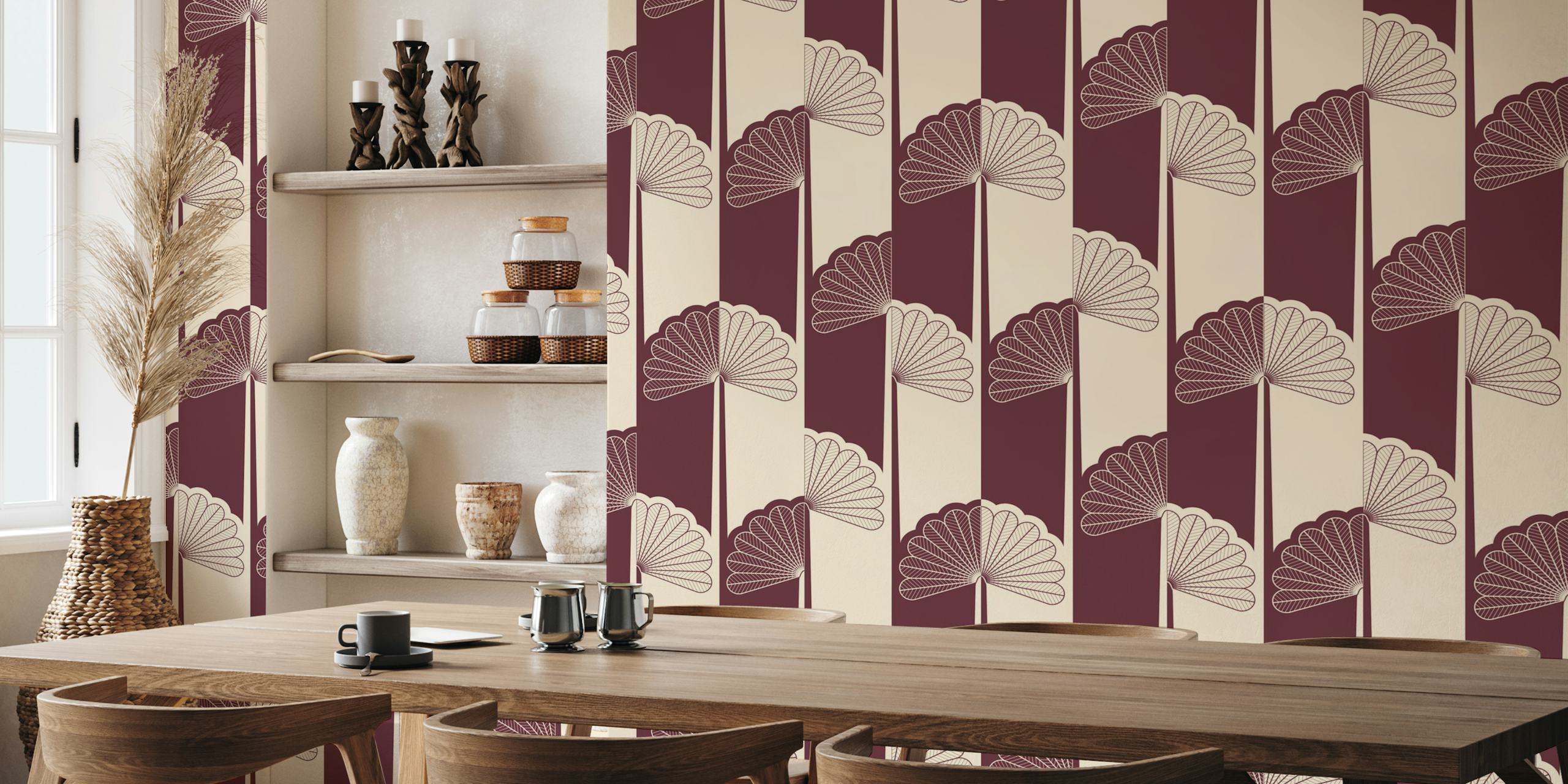 Palm tree stripes in bordeaux and off-white colors on wallpaper