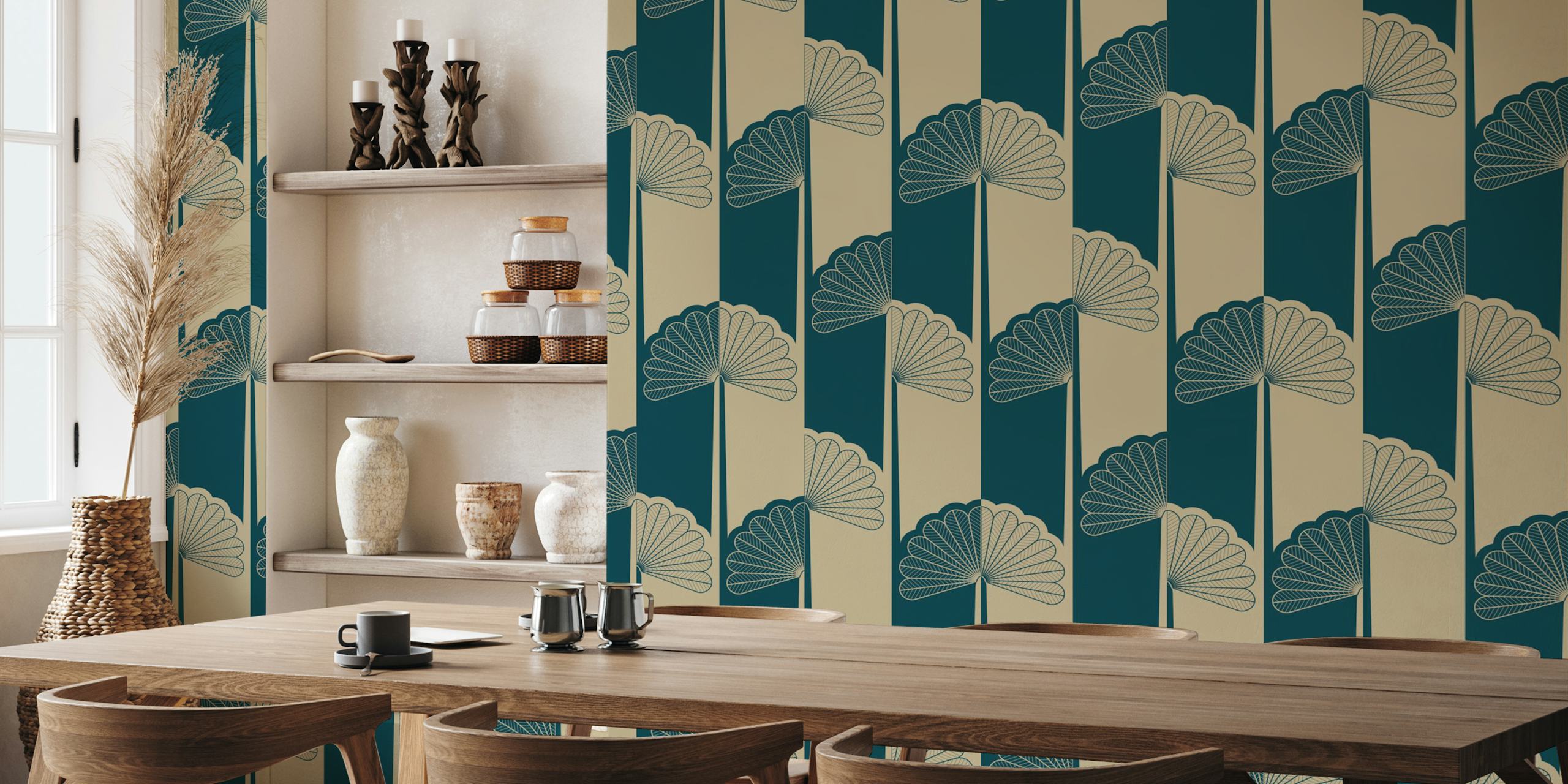 Palm tree stripes wallpaper in a stylish room