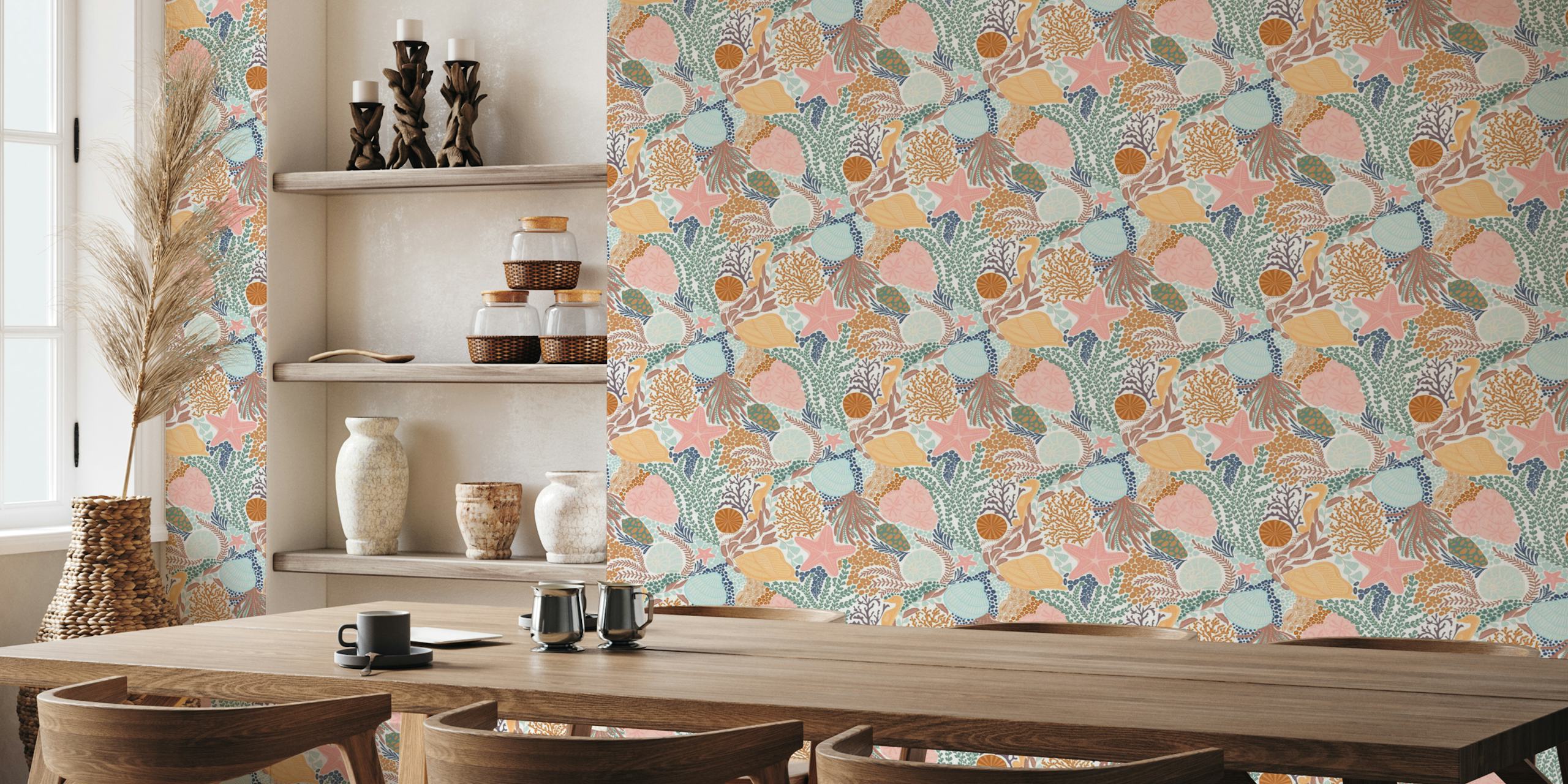 Colorful seashells and coral patterns in pink, blue, and orange wallpaper