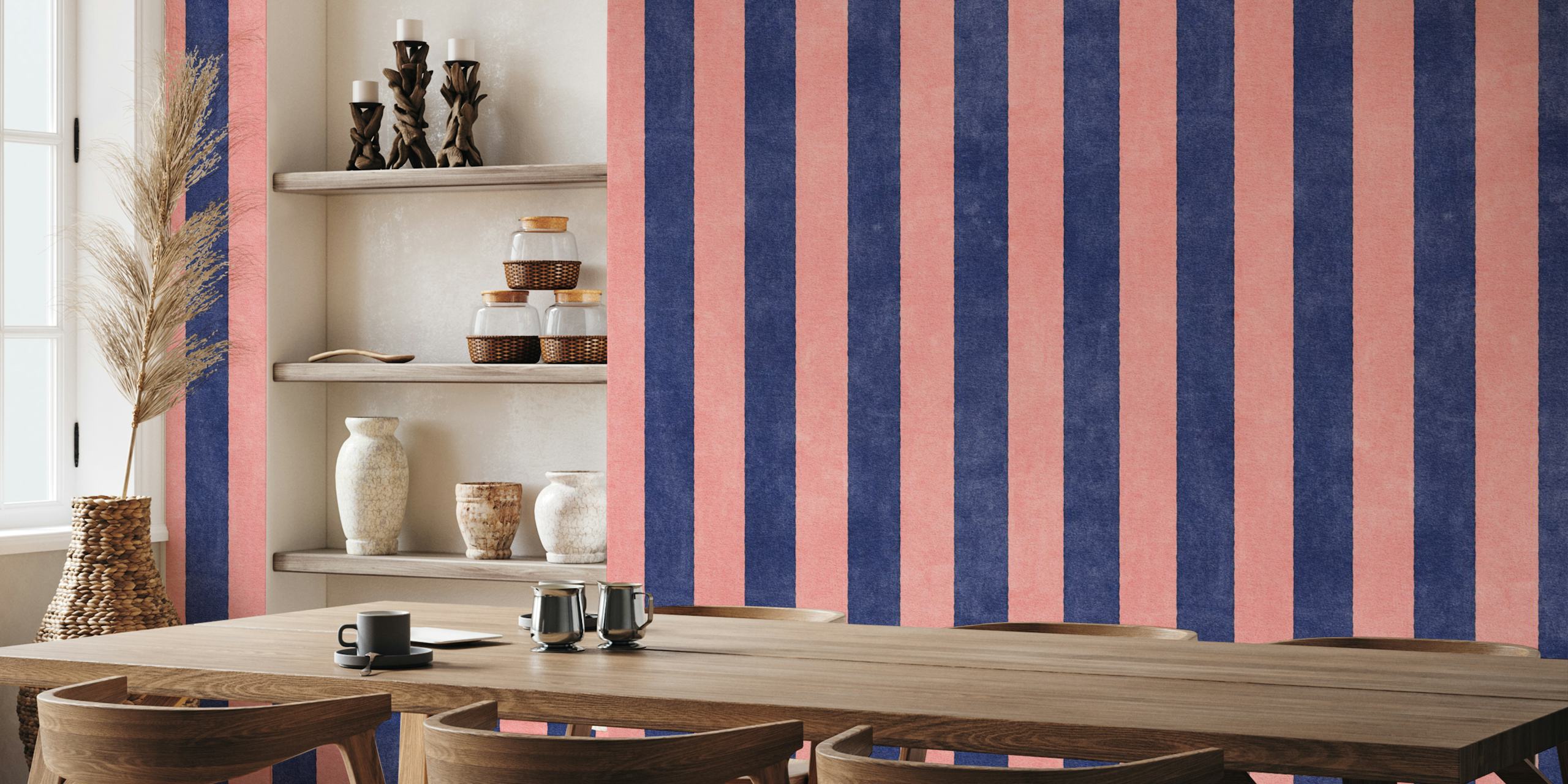 Navy blue and pink striped wallpaper design