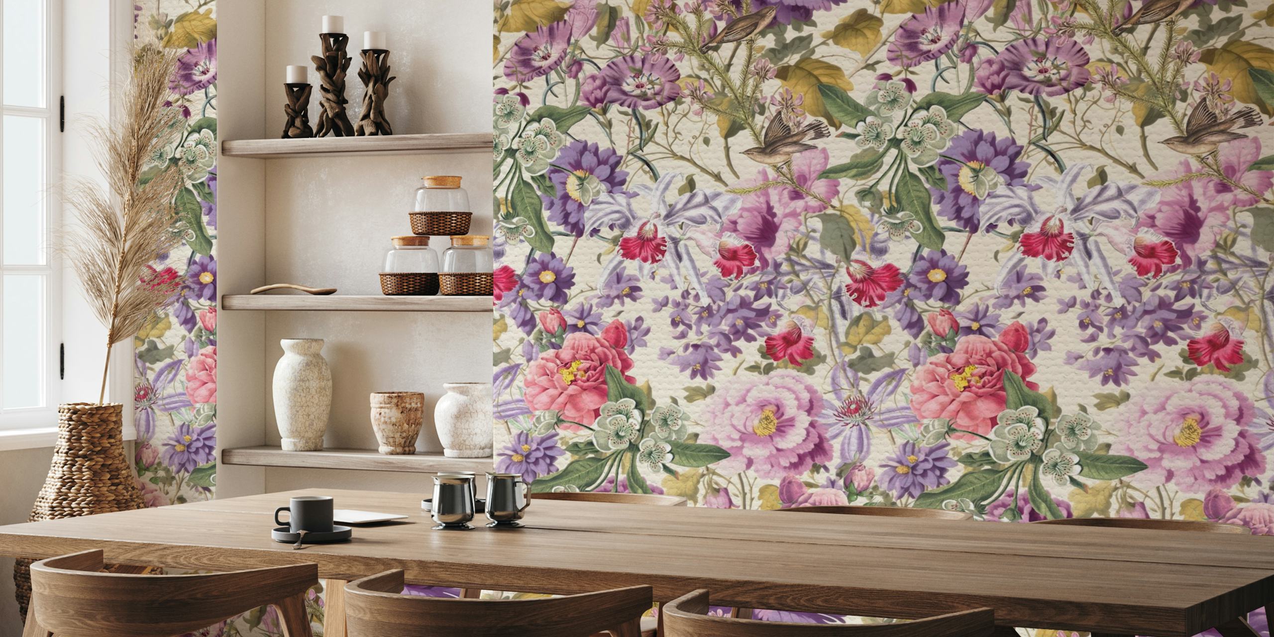 Colorful purple flowers and greenery on cream background wallpaper