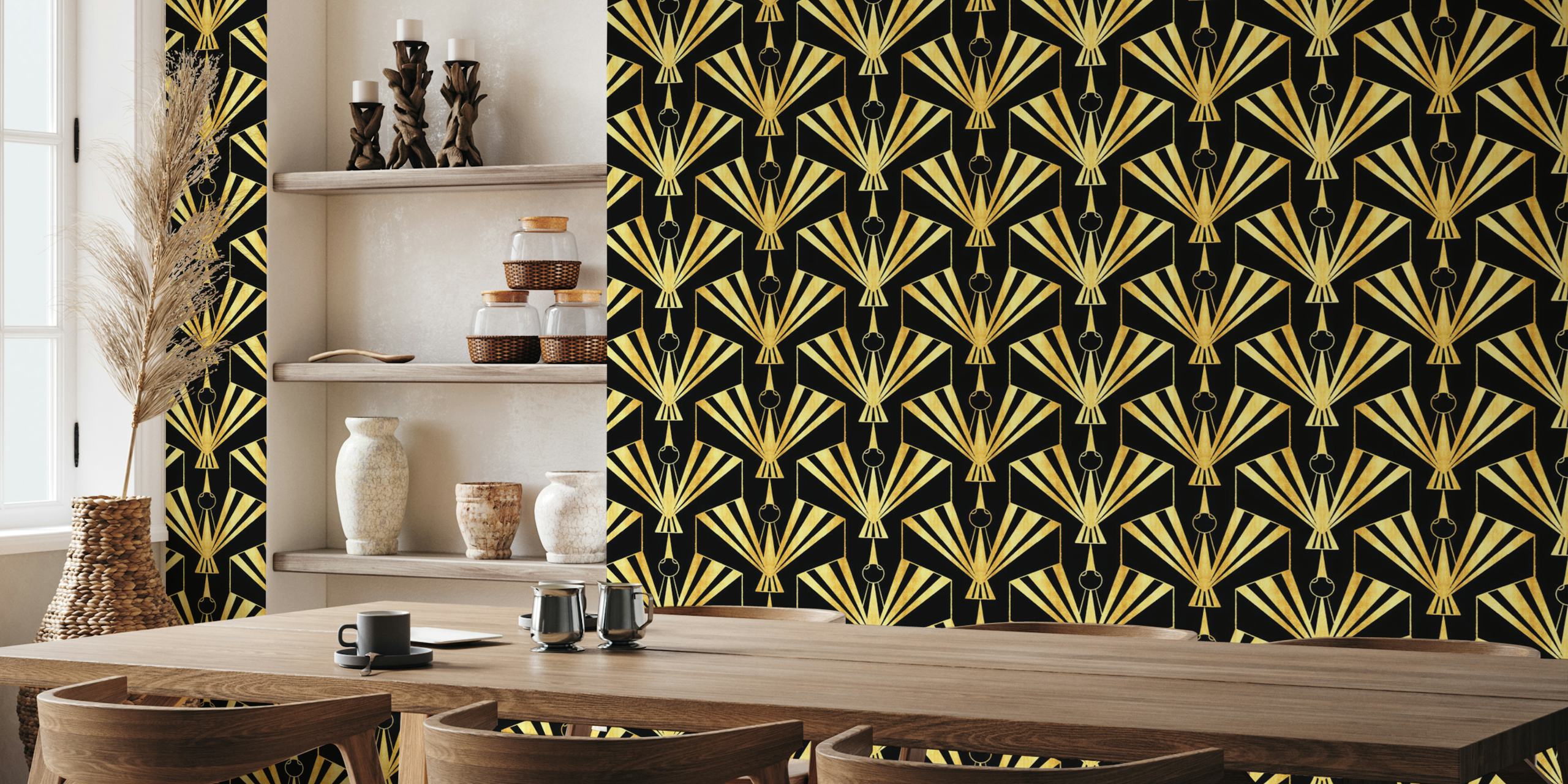 Decorazione murale Art Déco in oro e nero con gru, design di uccelli e ventagli