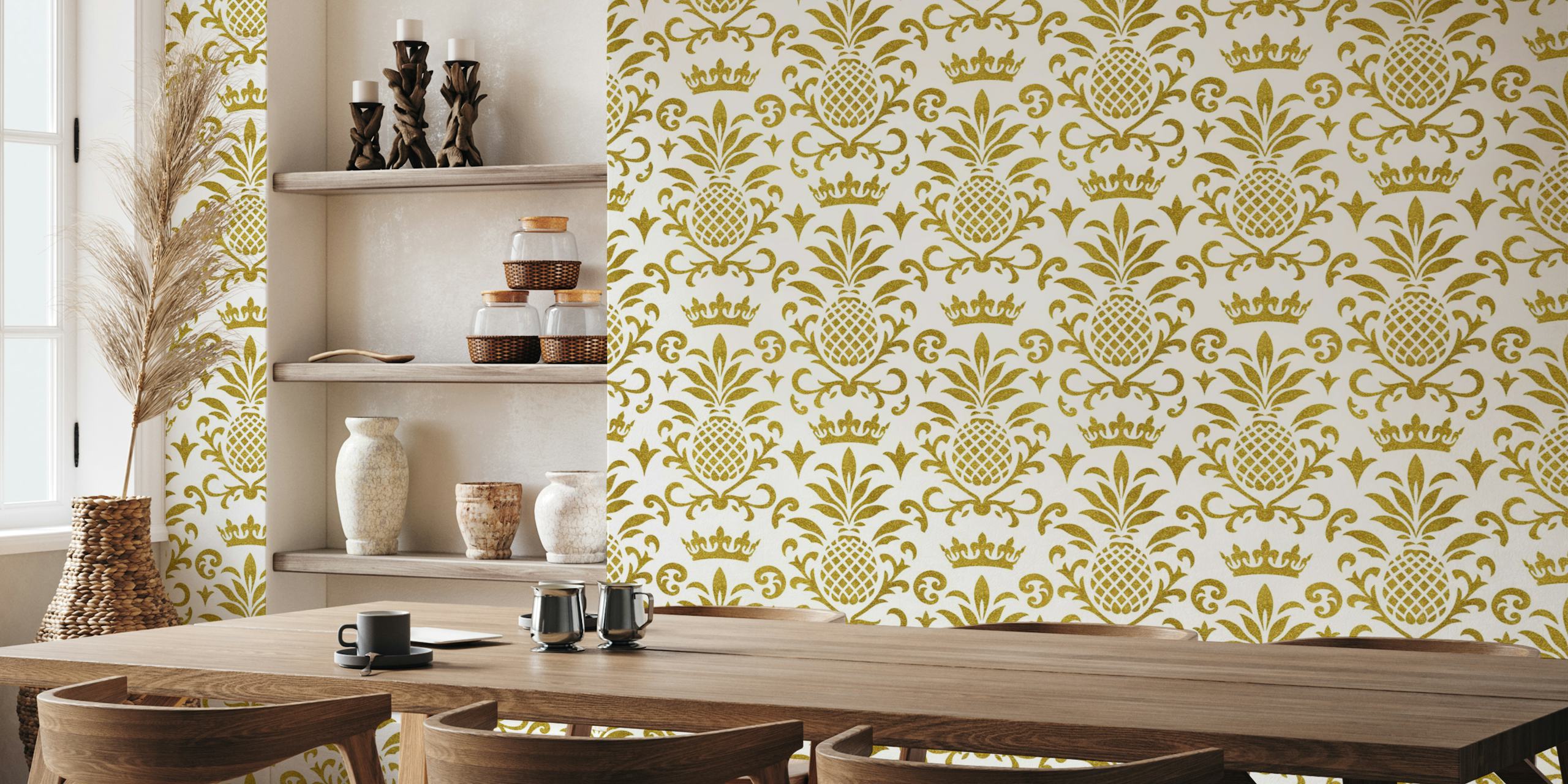 Gold pineapple and crown patterns on white wallpaper
