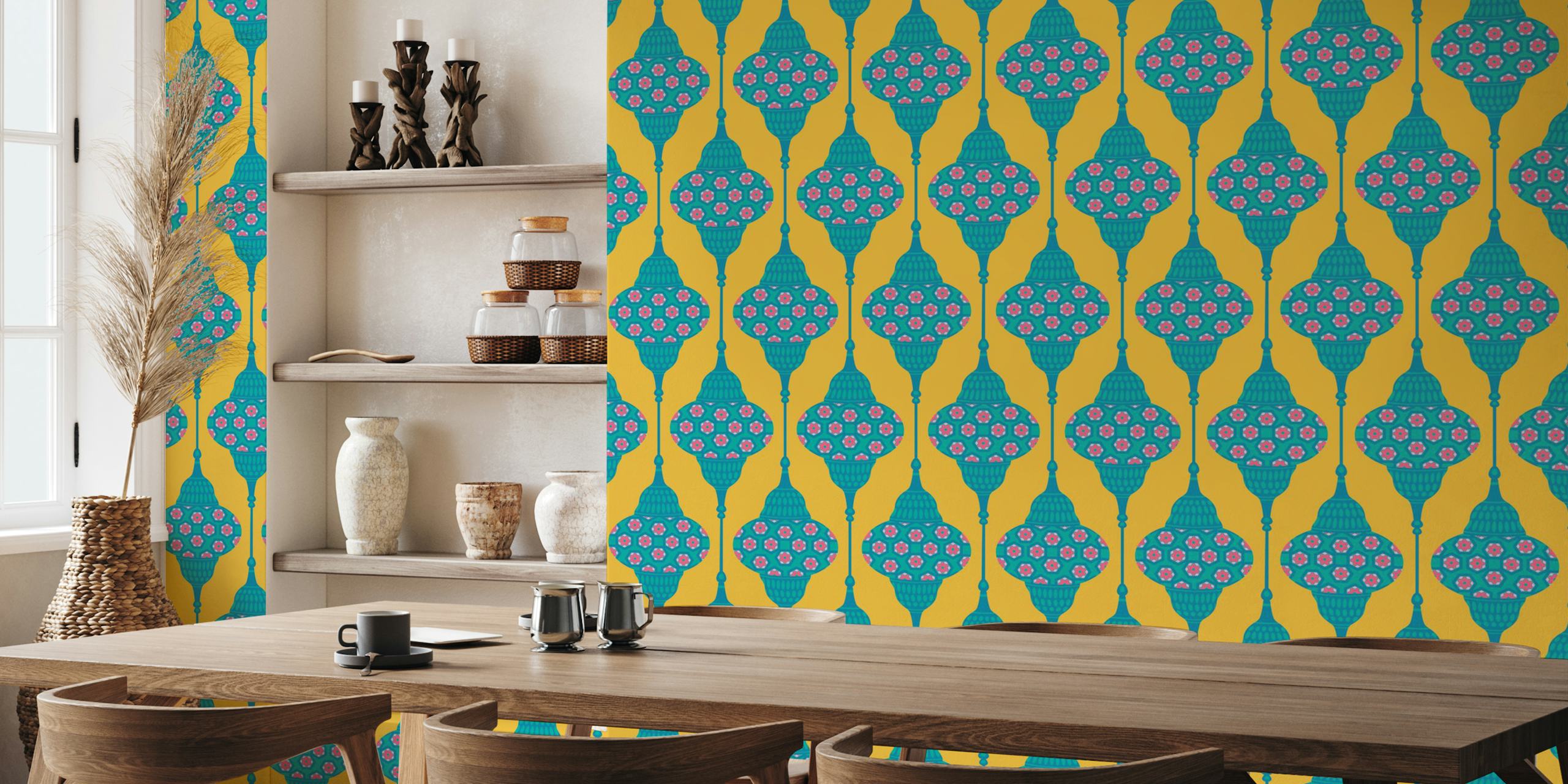 Blauwe Gele Lamplight Retro Exotic Lanterns In Een Kamer