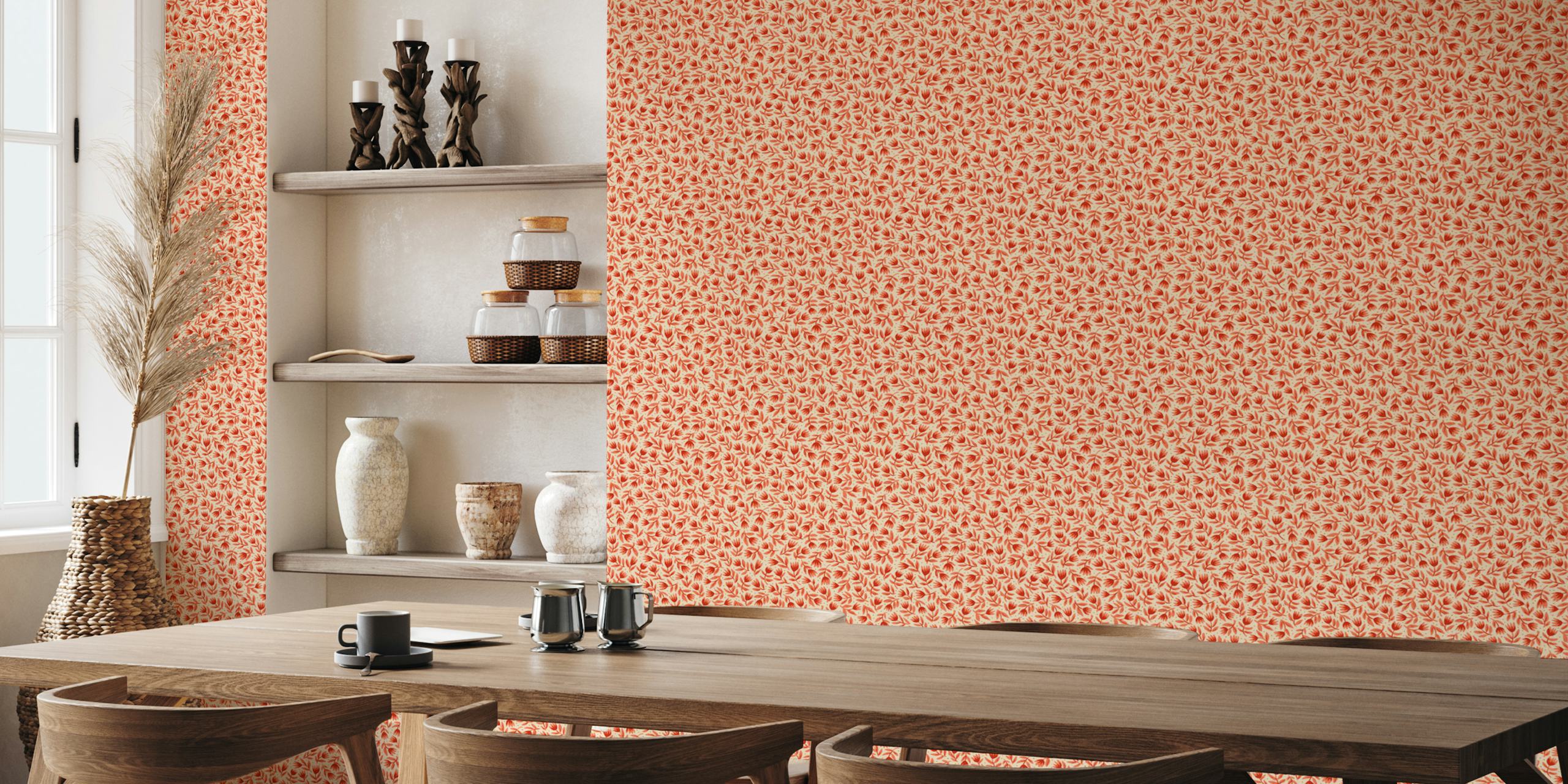 Red and pink tulip floral pattern on vanilla wallpaper