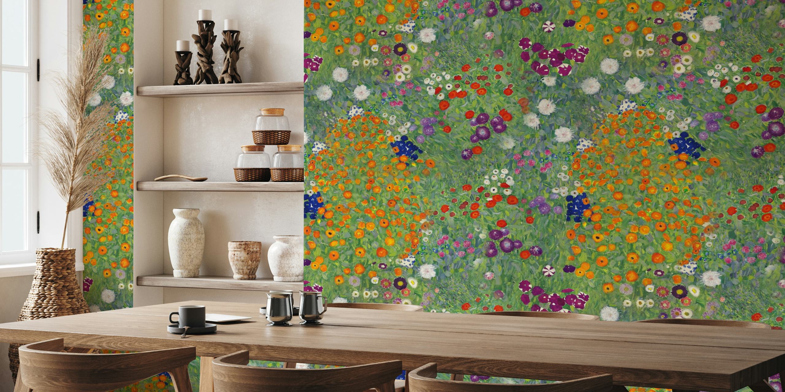 Flower garden pattern with colorful blooms on green background wallpaper