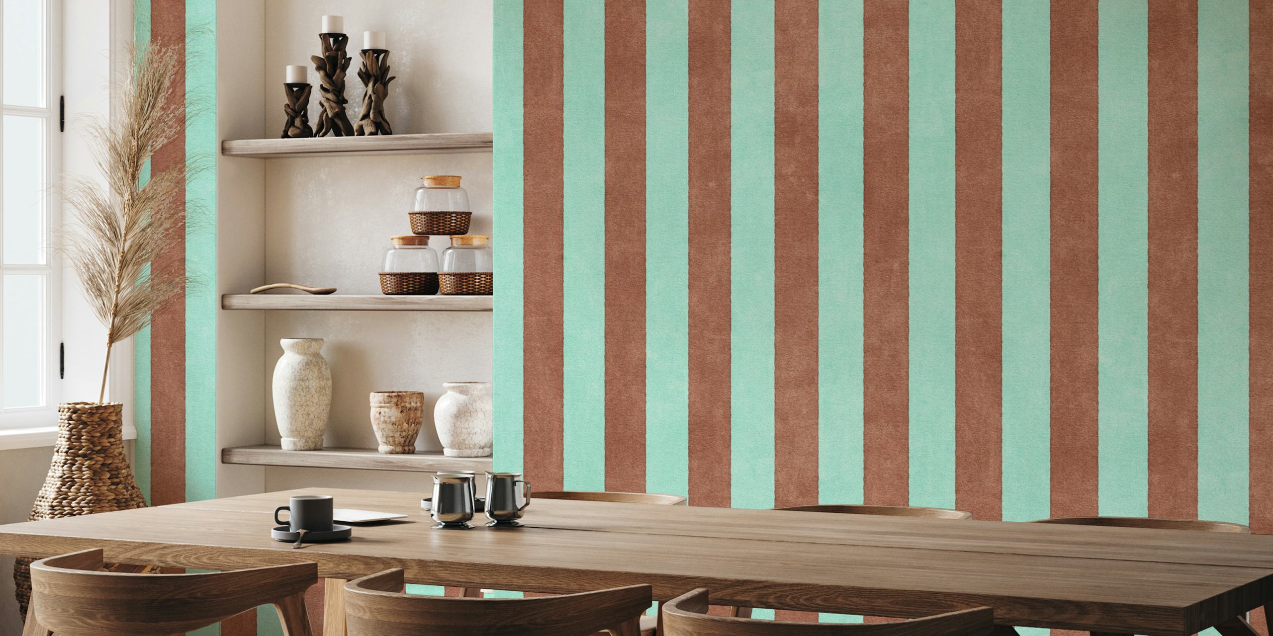 Brown and teal striped wallpaper in a room