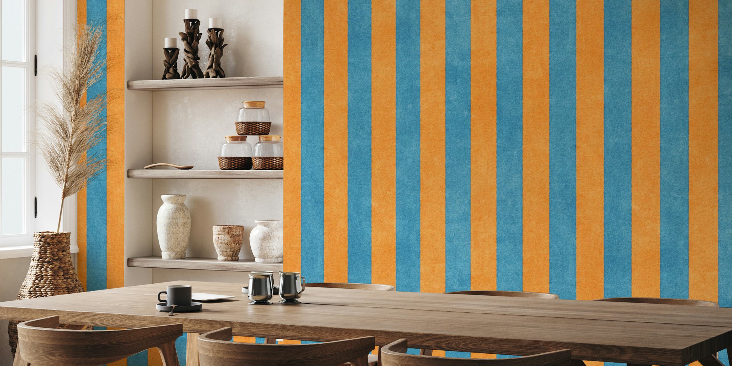 Papel De Parede Azul E Laranja Stripes Em Um Quarto