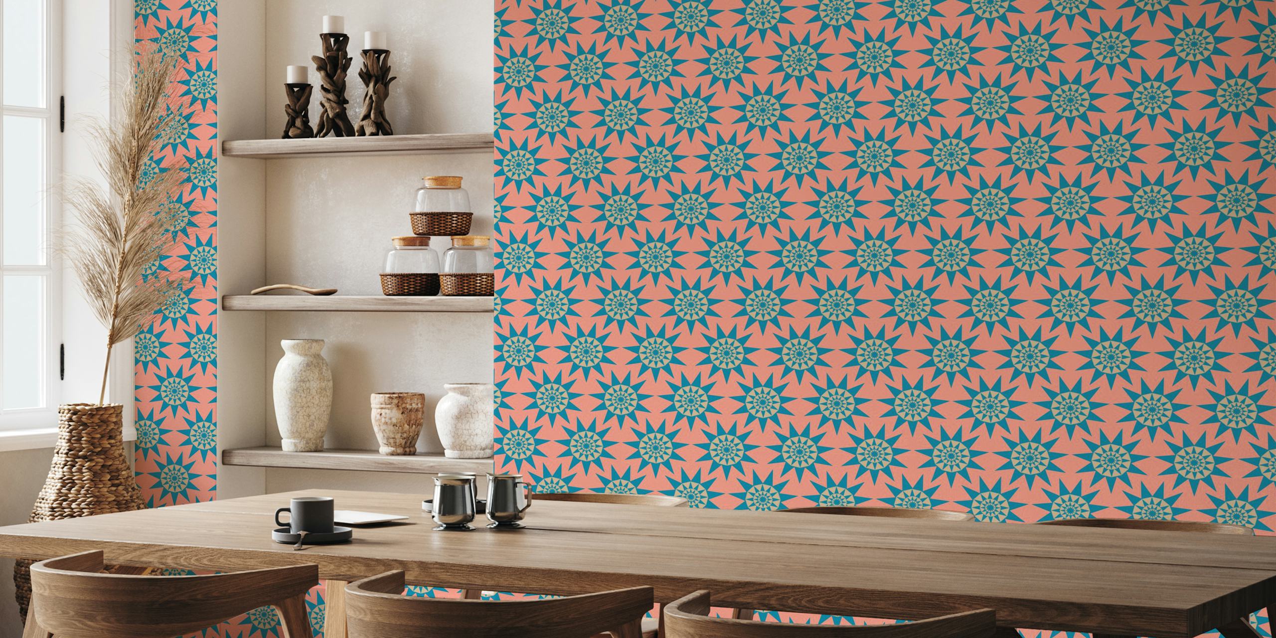Retro geometric sun star wallpaper in a room