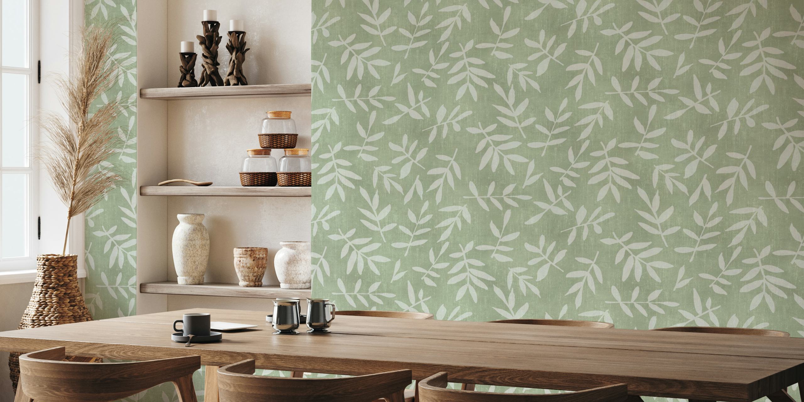 White leaf pattern on soft green background in botanical style wallpaper